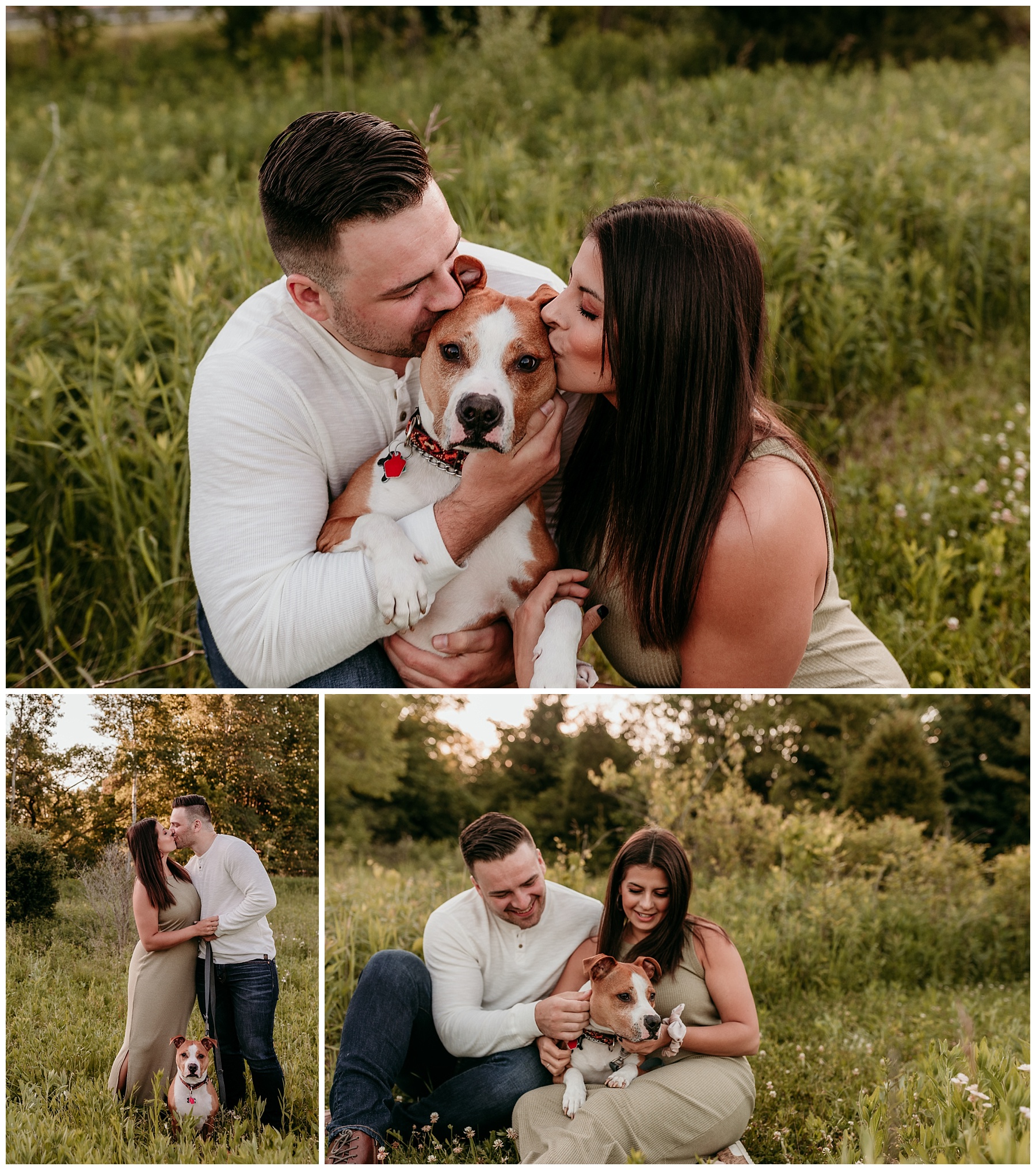 couple kissing their dog in a wildflower field