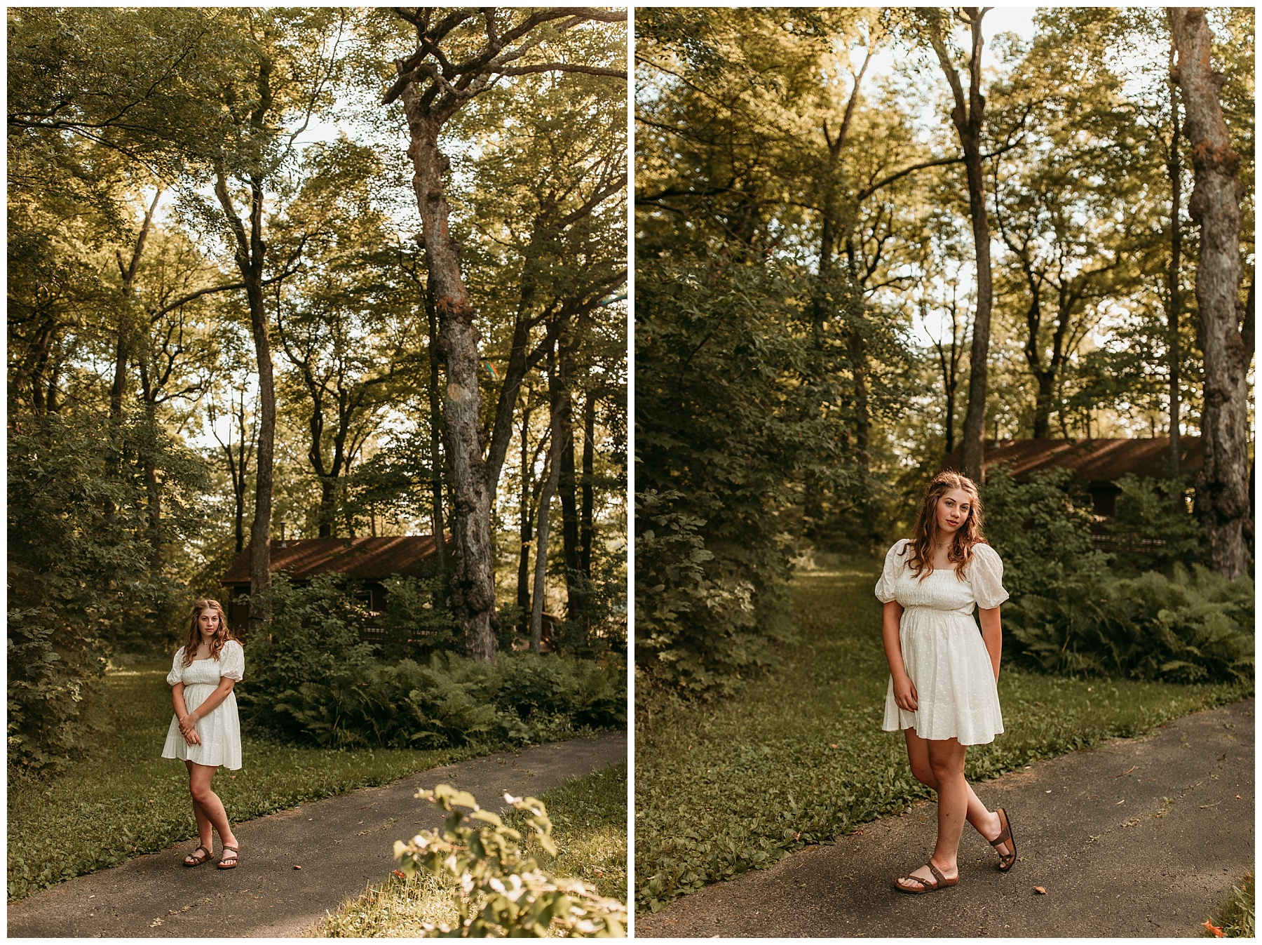 high school senior pictures in the woods with a white dress and birkenstocks