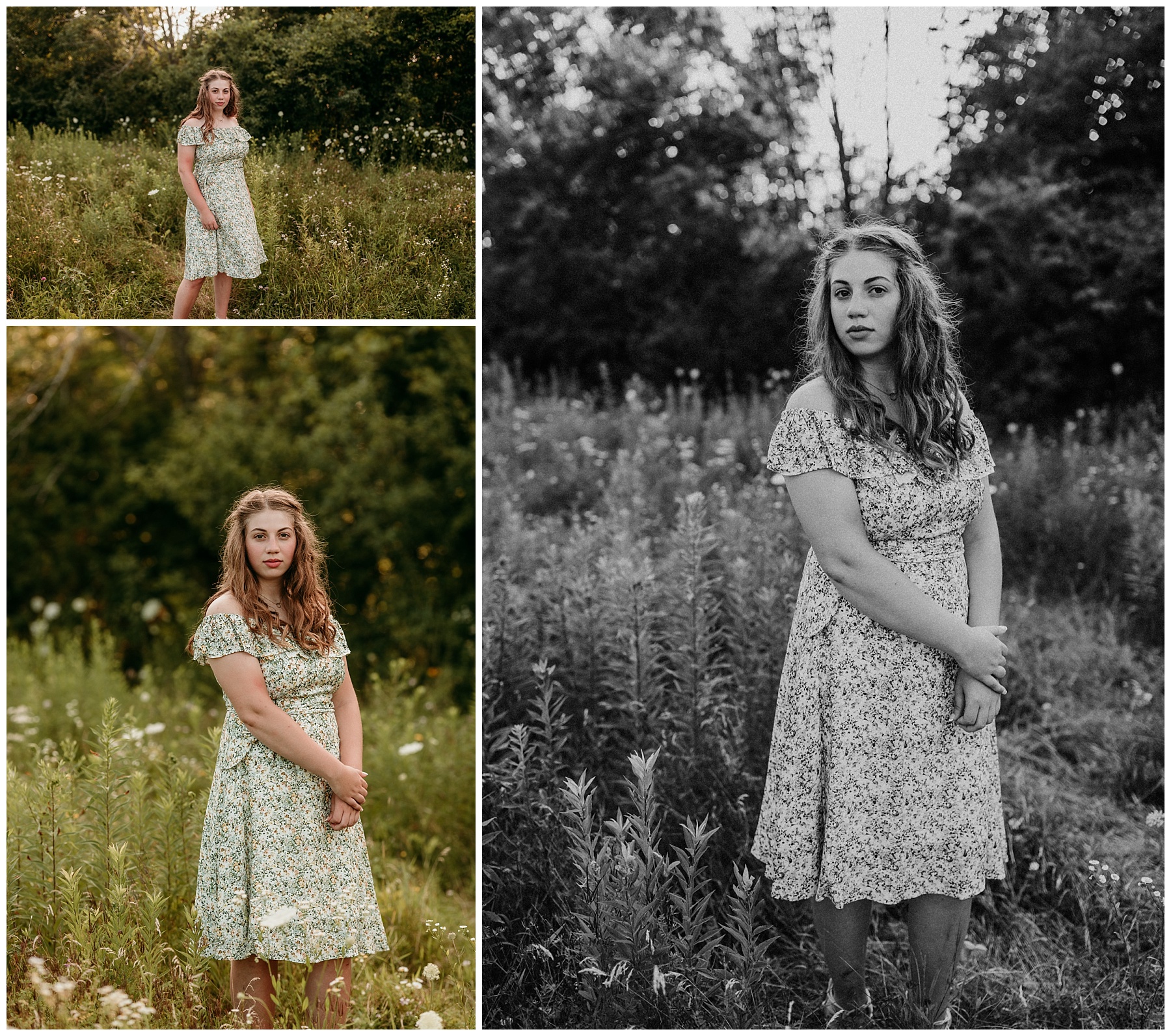 curly haired girl with a flower dress and blue eyes standing in flowers