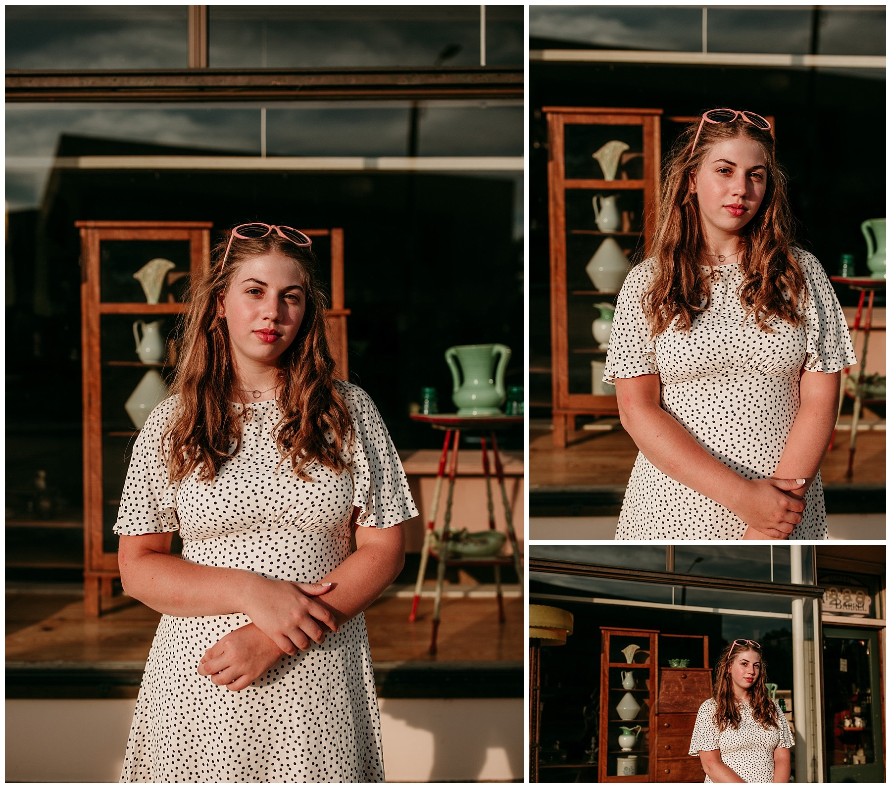 fashion senior pictures in front of an antique shop in milwaukee