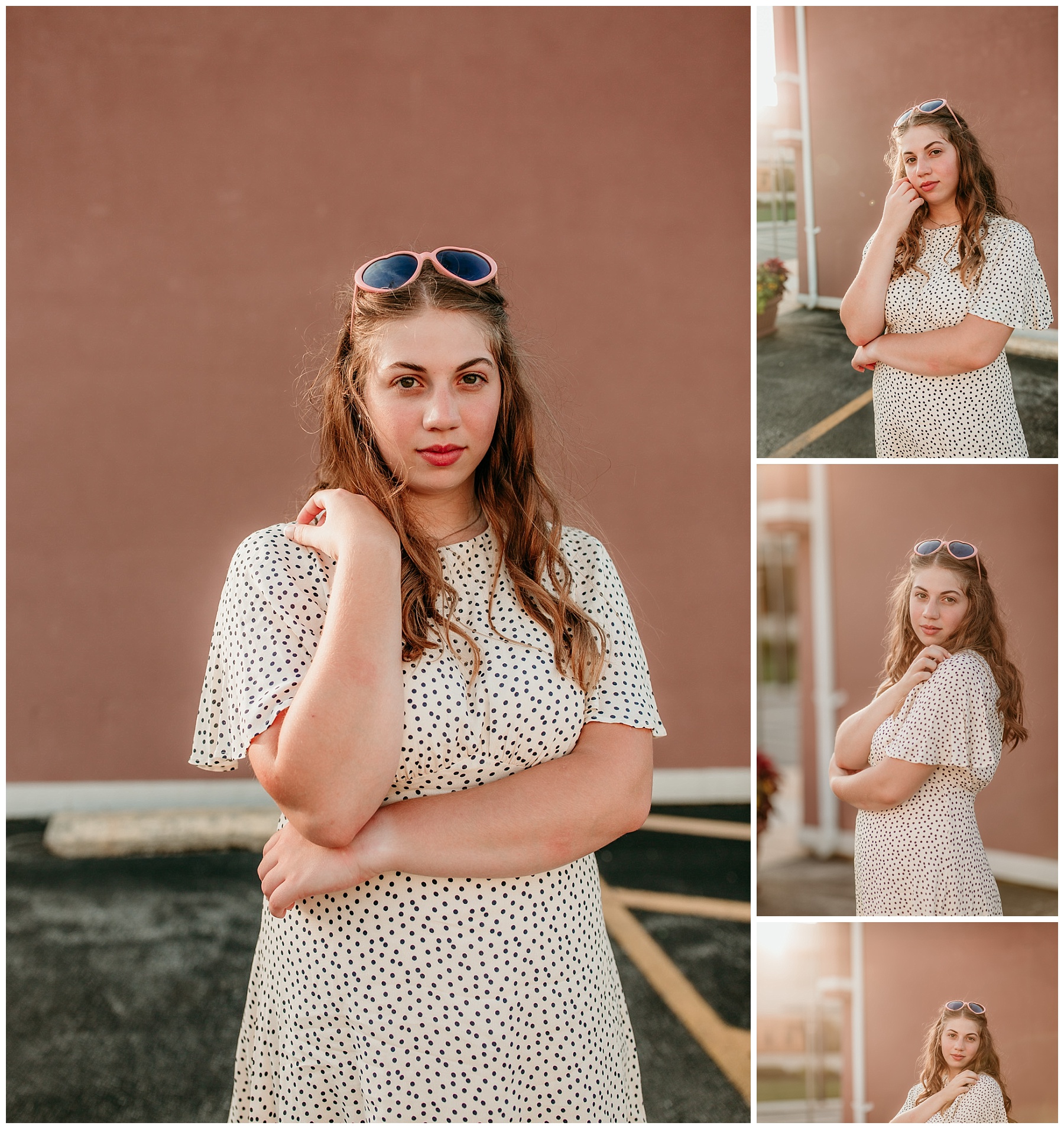 vintage retro inspired senior pictures in a polkadot dress with pink heart sunglasses