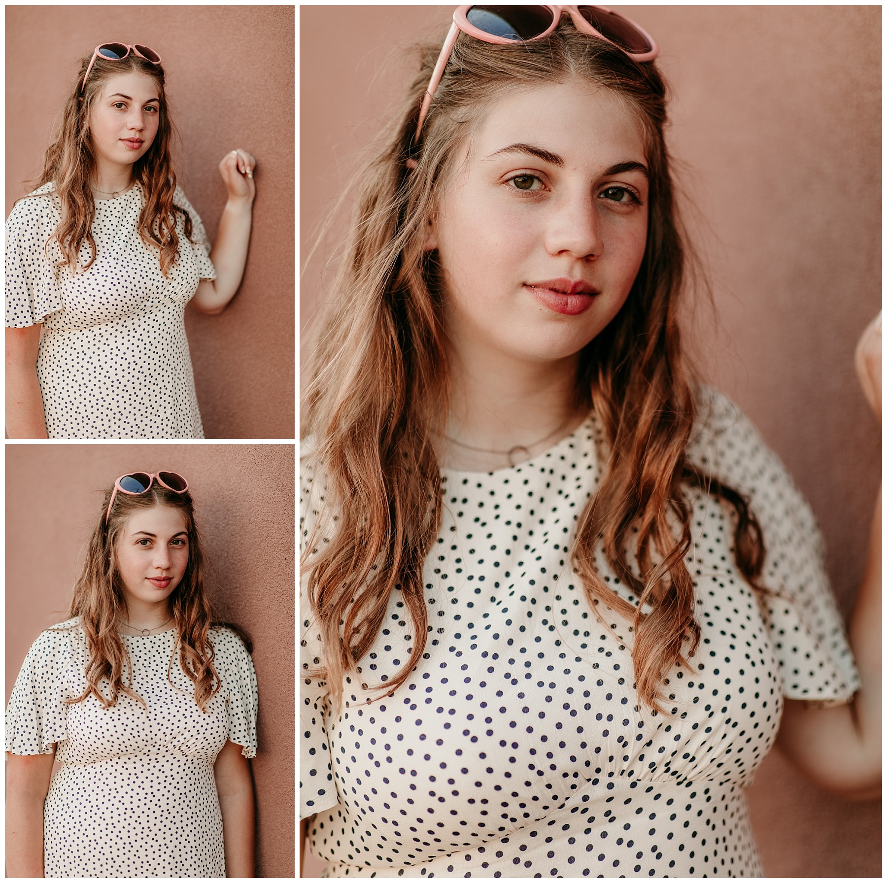 pink senior pictures in front of a pink wall downtown wisconsin