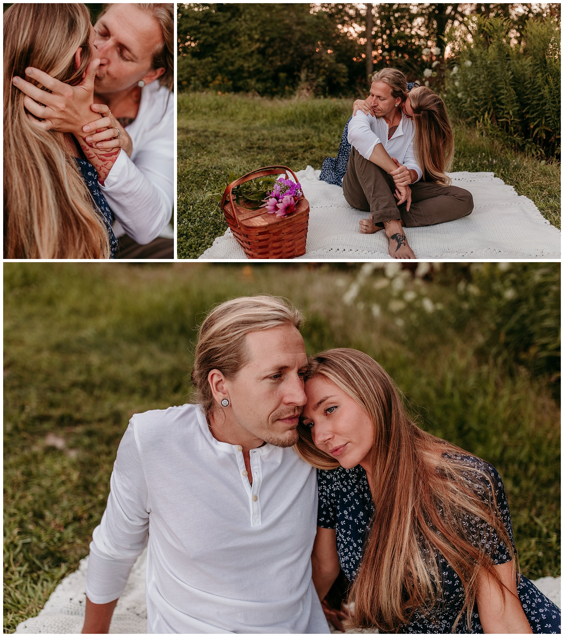 vintage picnic date couples photography with pink wildflowers