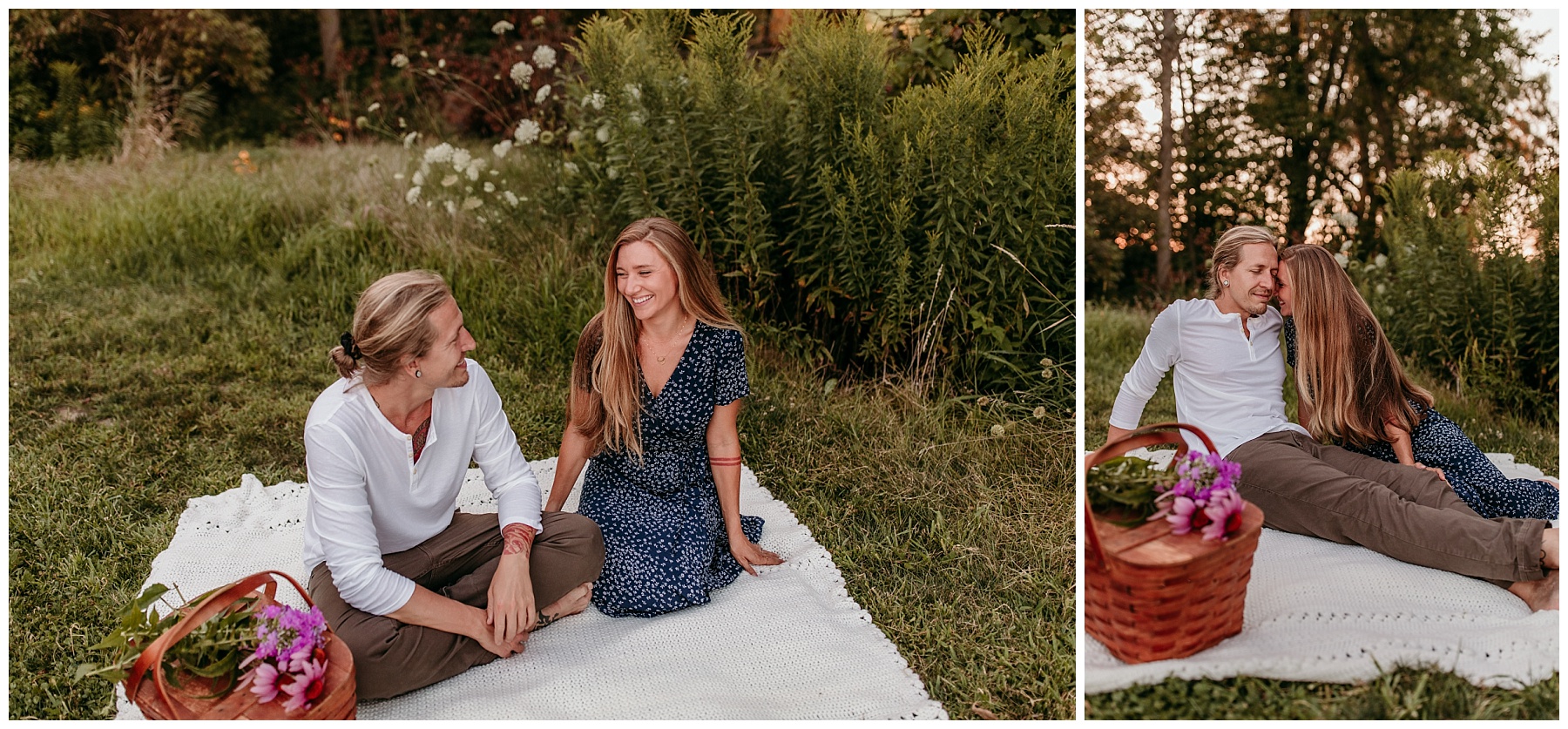 black and white picnic date night with a crocheted blanket and wildflowers