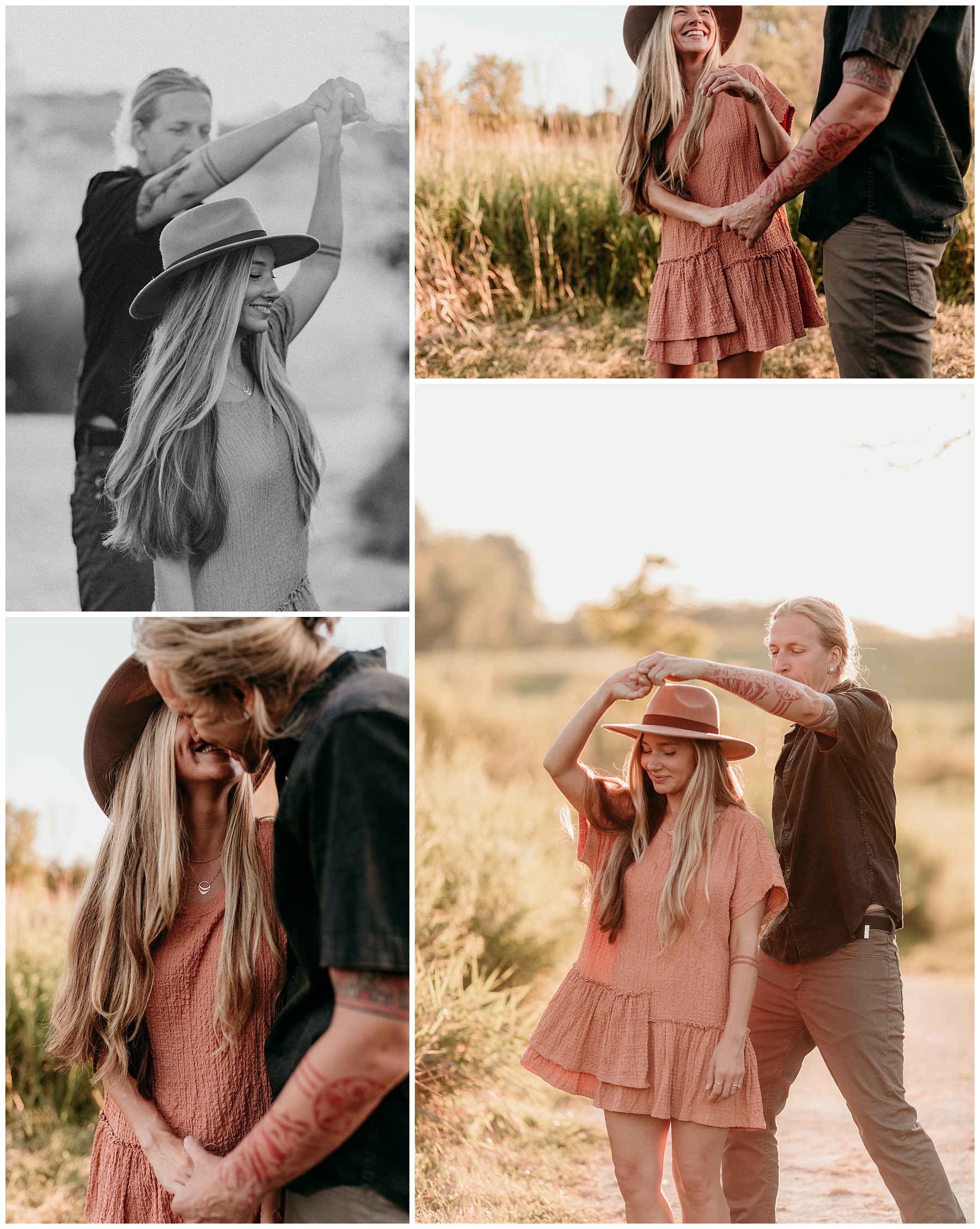 dreamy couple with long blond hair and a man bun