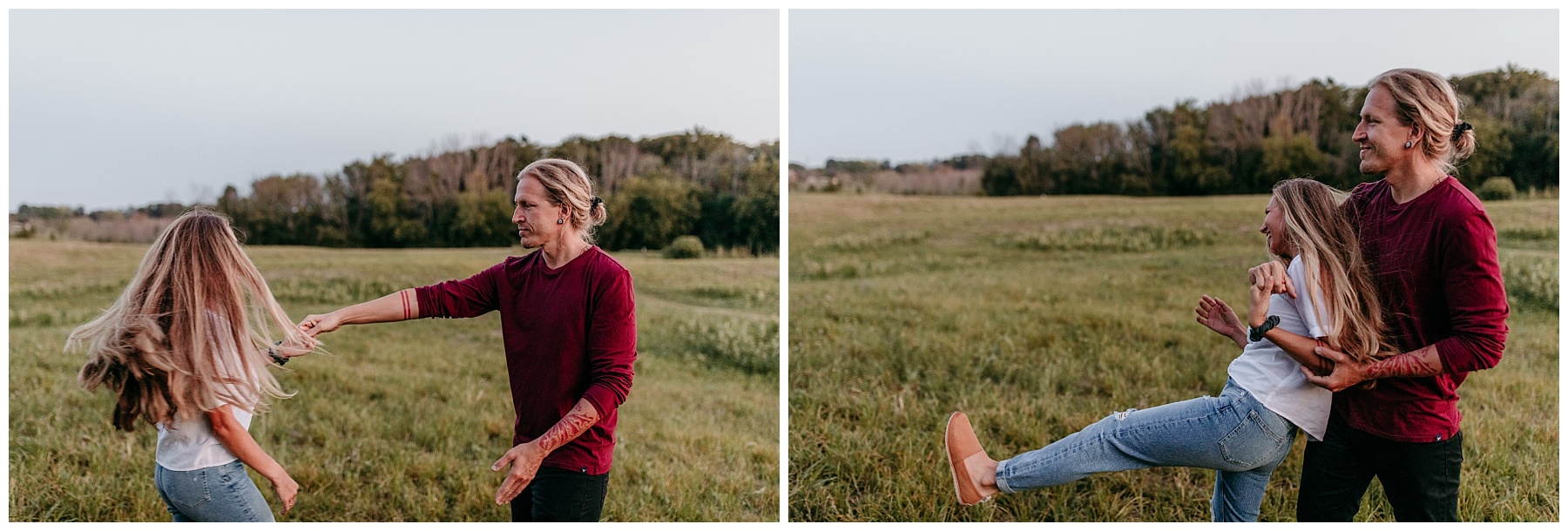couple laying on a white blanket in a prairie having a picnic date