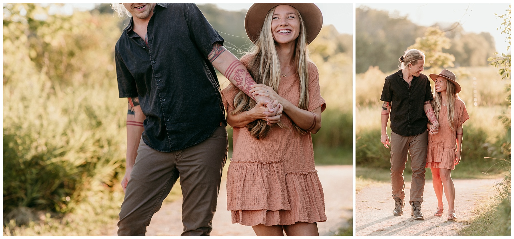 indie couple walking along a trail in a southern sundress and brimmed hat