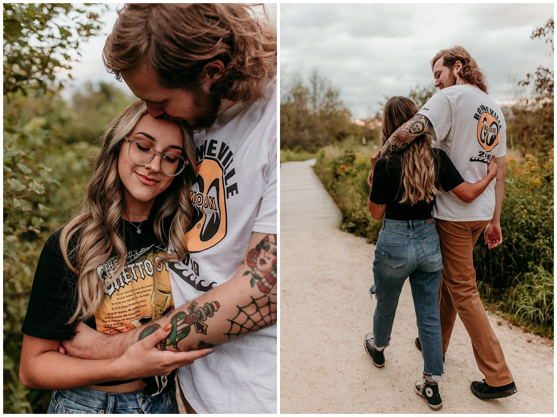 girl with glasses and guy with tattoo kissing in the woods