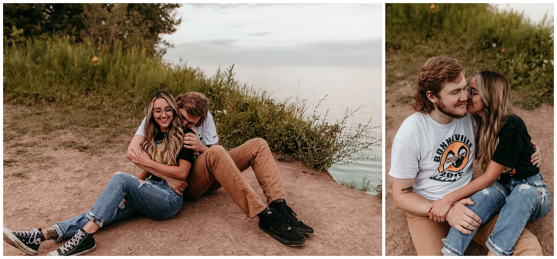 boyfriend and girlfriend wearing ripped jeans and band tees for their wisconsin engagement session