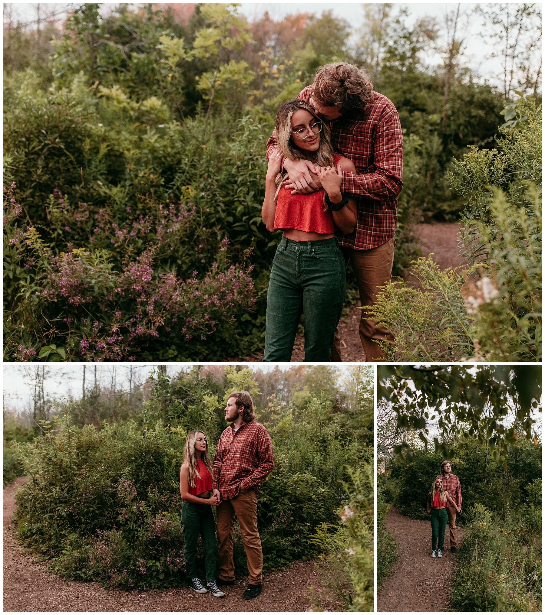 hipster couple in converse standing in front of purple summer flowers in grafton wisconsin