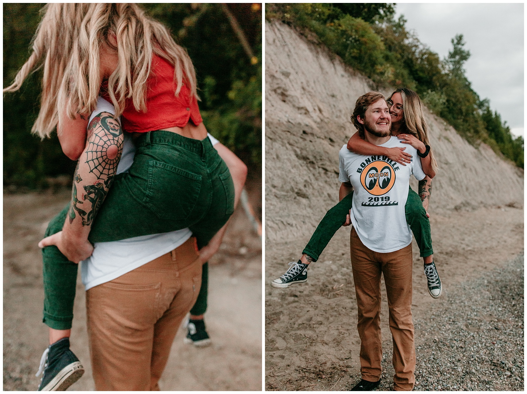 girl in green pants with tattooed boyfriend on the beach