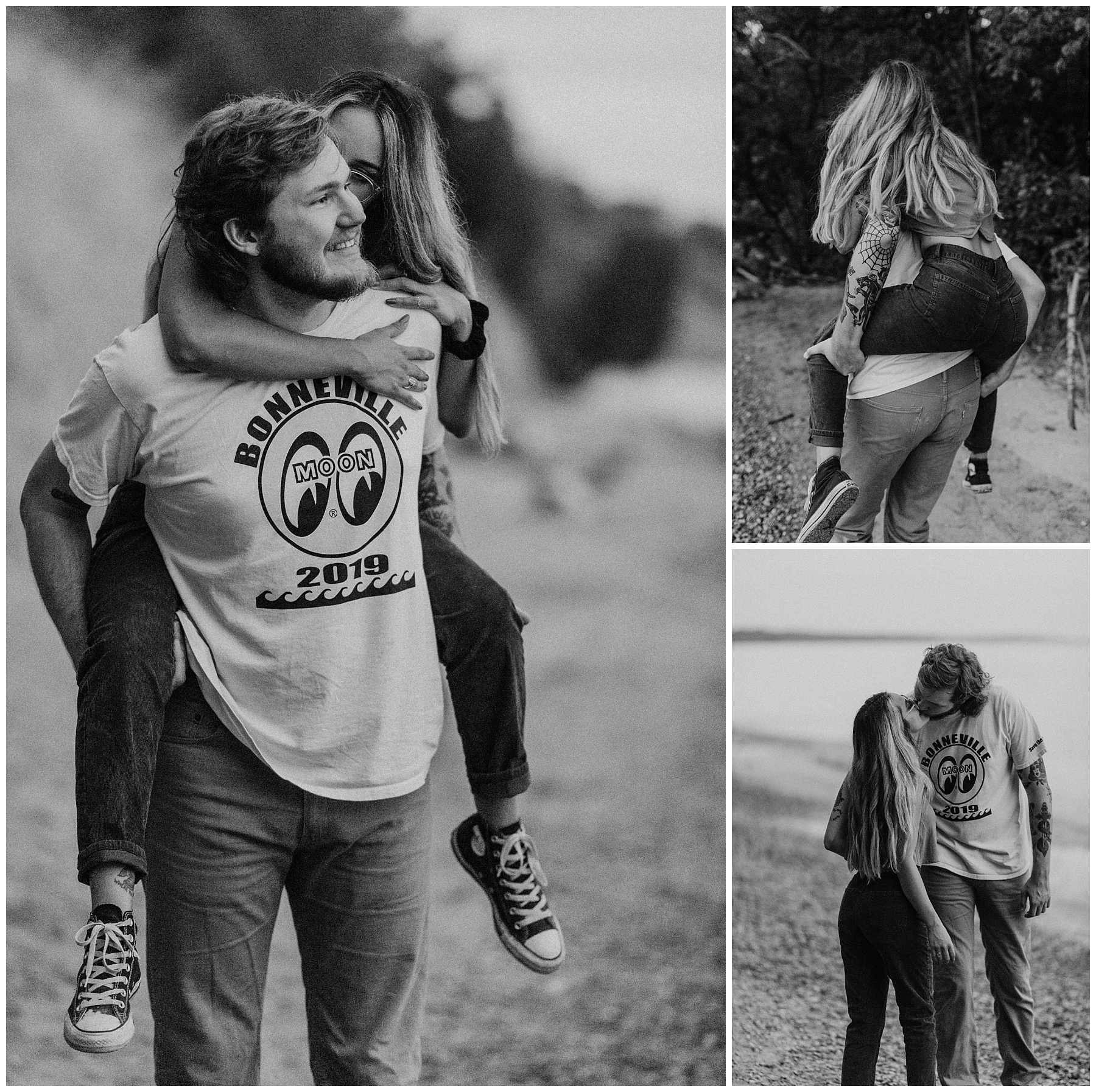 rad couple with converse giving piggy back rides on lake michigan shore