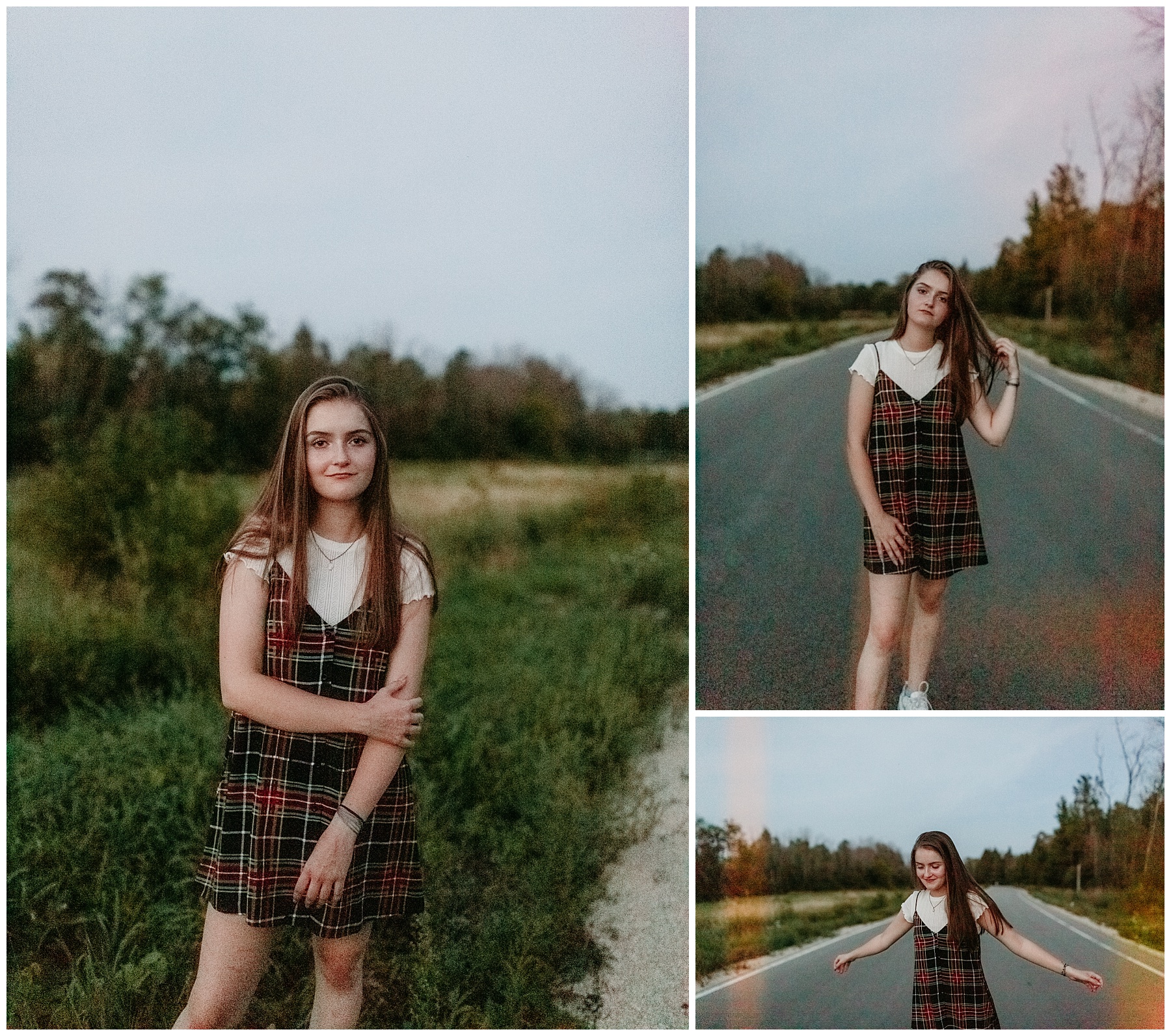 nighttime senior pictures with a 90s vibe that looks like film on the road in Wisconsin
