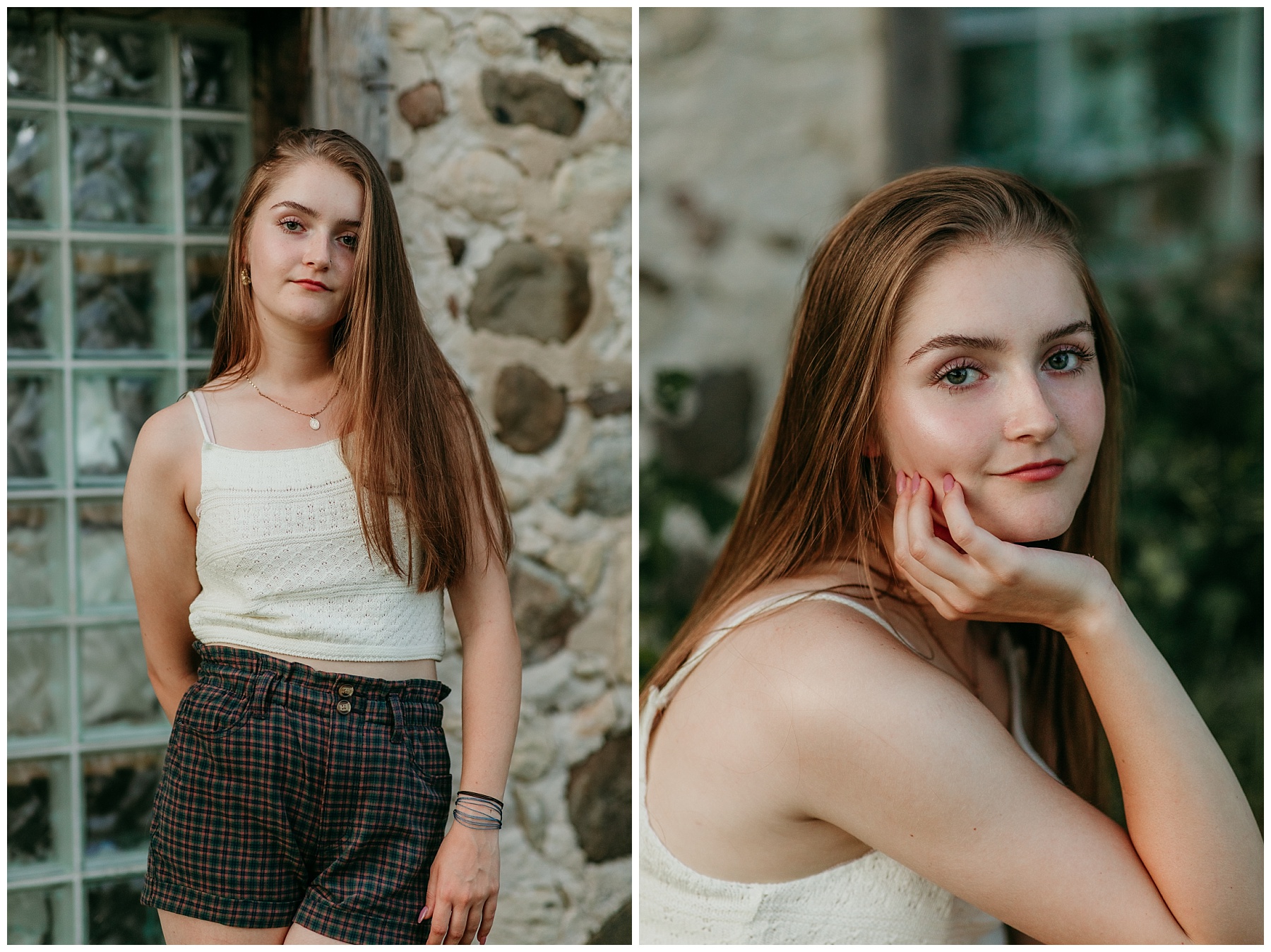 Mequon Homestead High School senior pictures girl in cute summer outfit in front of vintage window