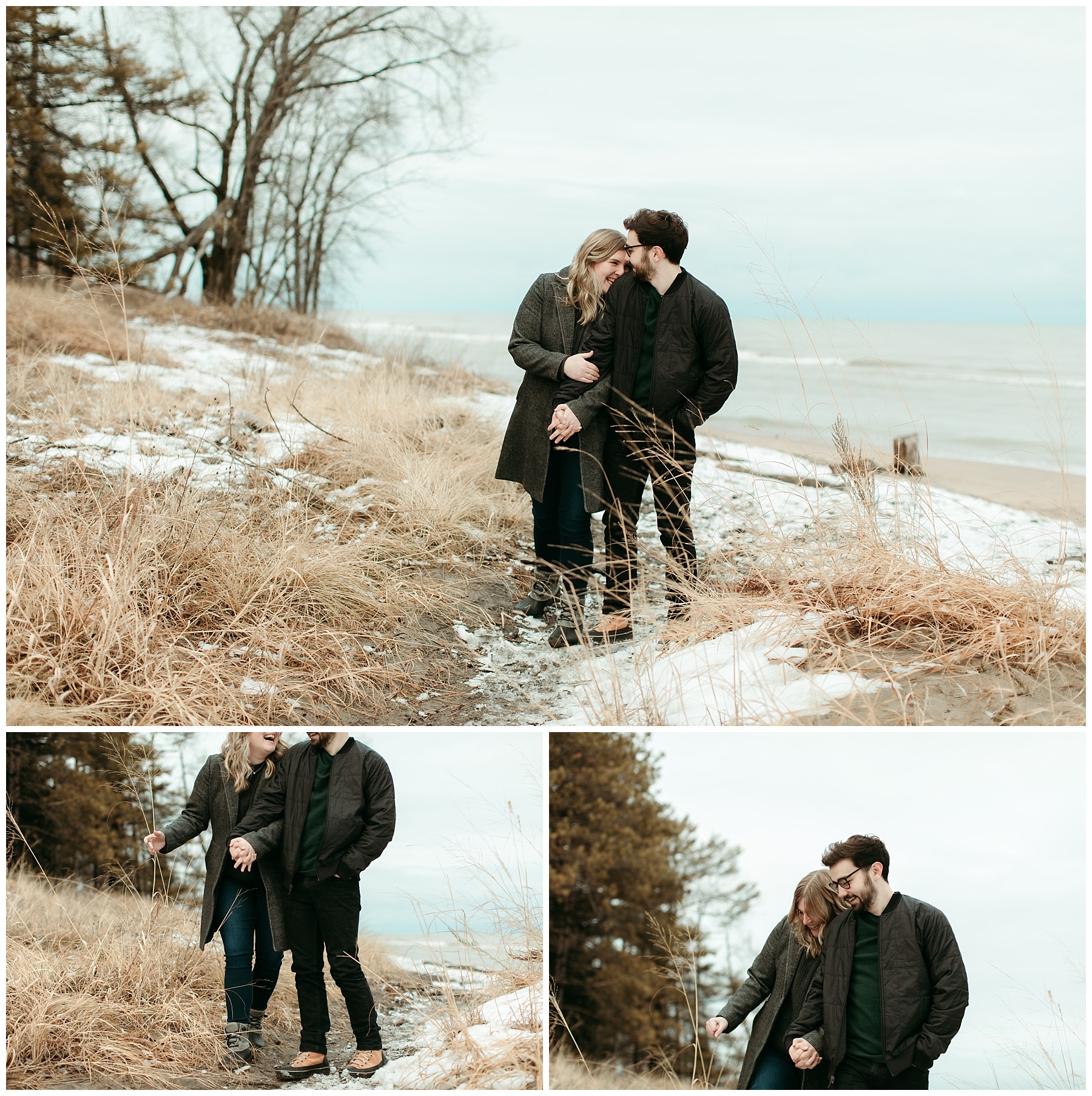 Couple wearing snow boots walking along Lake Michigan laughing on their way to renew their vows