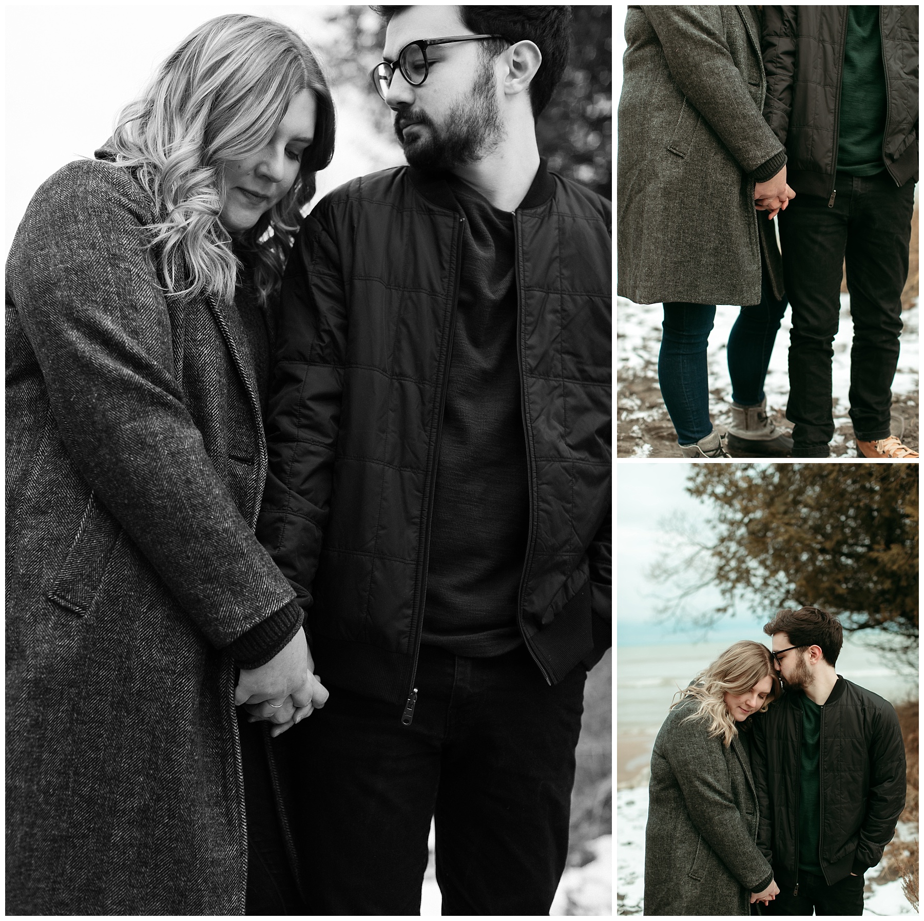Moody photographs of a young couple holding hands on the beach before renewing their vows