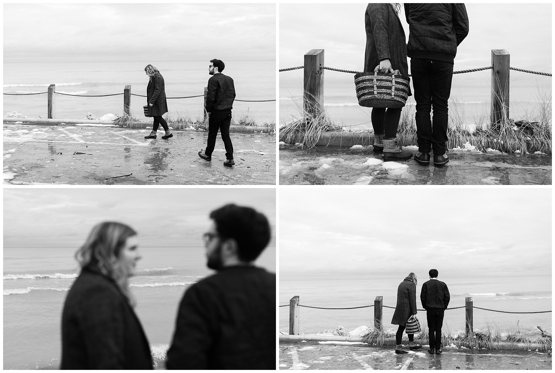 Wes Anderson inspired photography of a couple walking along a beach with a basket prior to renewing their vows