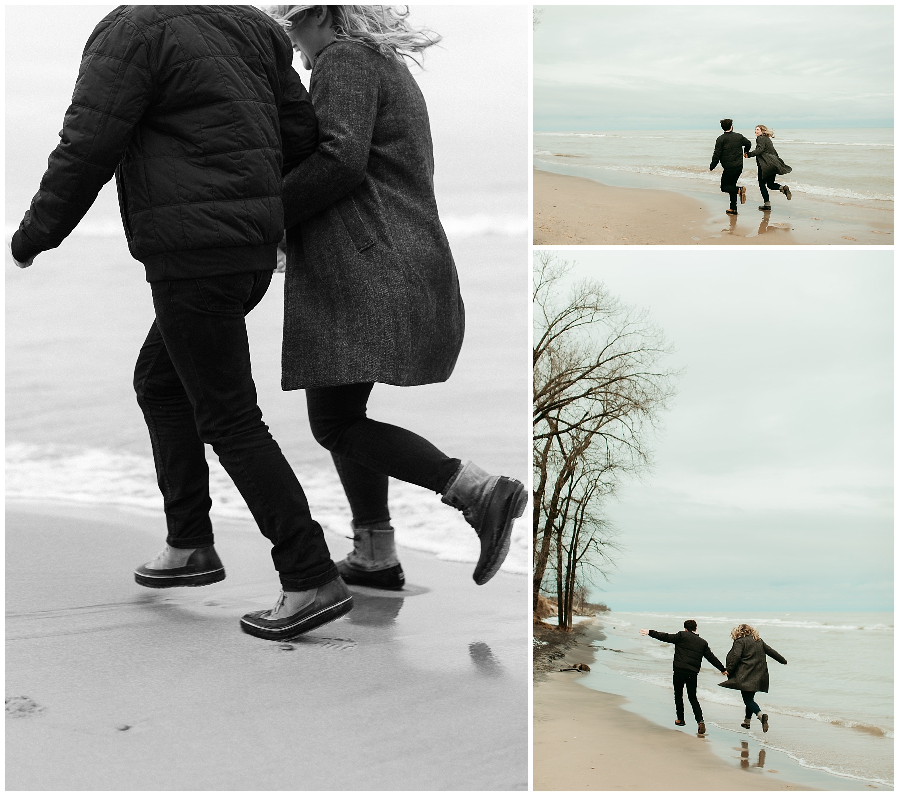 Couple running along lake Michigan on their way to exchange vows jumping over the waves of the water