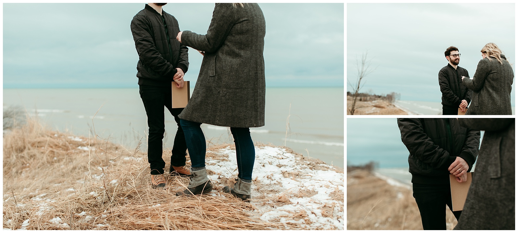 Exchanging vows to one another in Wisconsin along Lake Michigan with custom vow books
