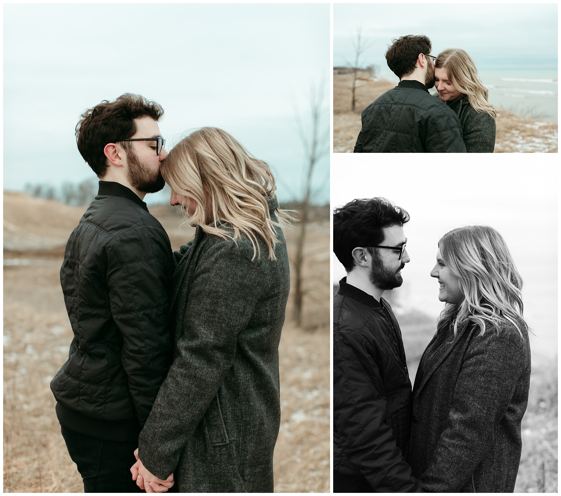 Groom kissing bride's forehead at Kohler Andre State Park after exchanging vows