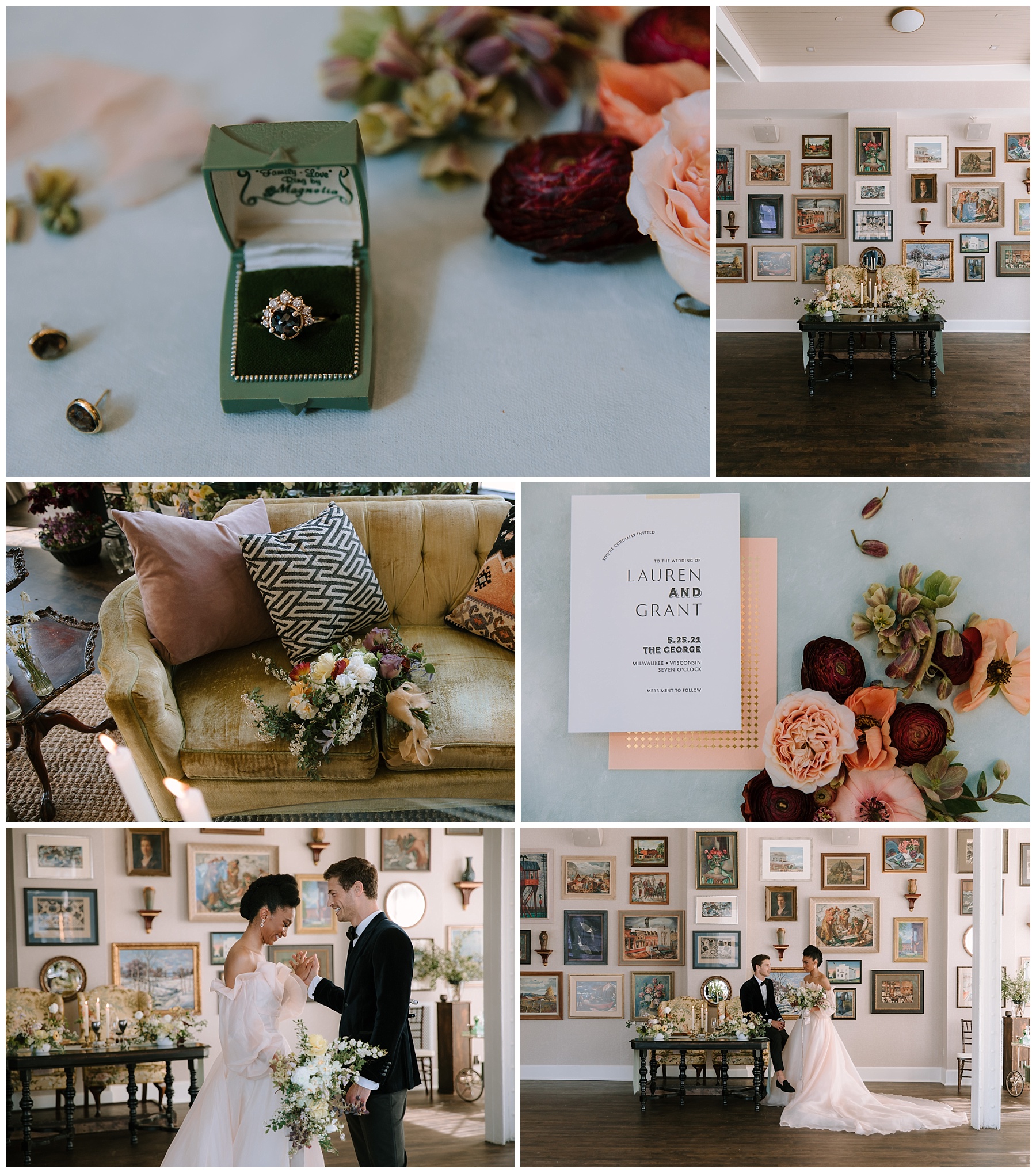 Photographs of wedding day details. Black engagement ring and wedding earrings with a pink, orange, and white bouquet wrapped in ribbon. Wedding invitations from Bay View Printing Co in Milwaukee