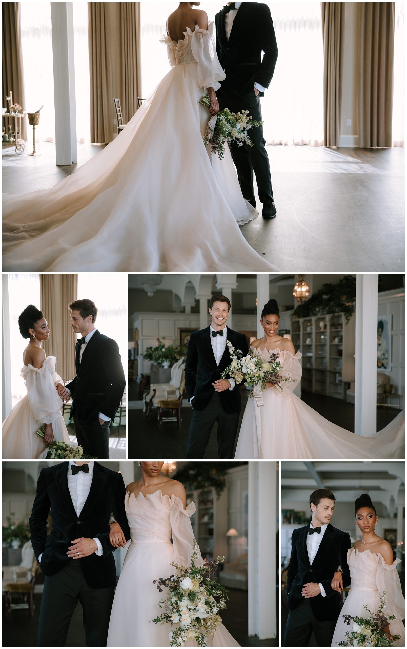 Timeless, elegant couple posing in front of windows at Milwaukee's new wedding venue, The George