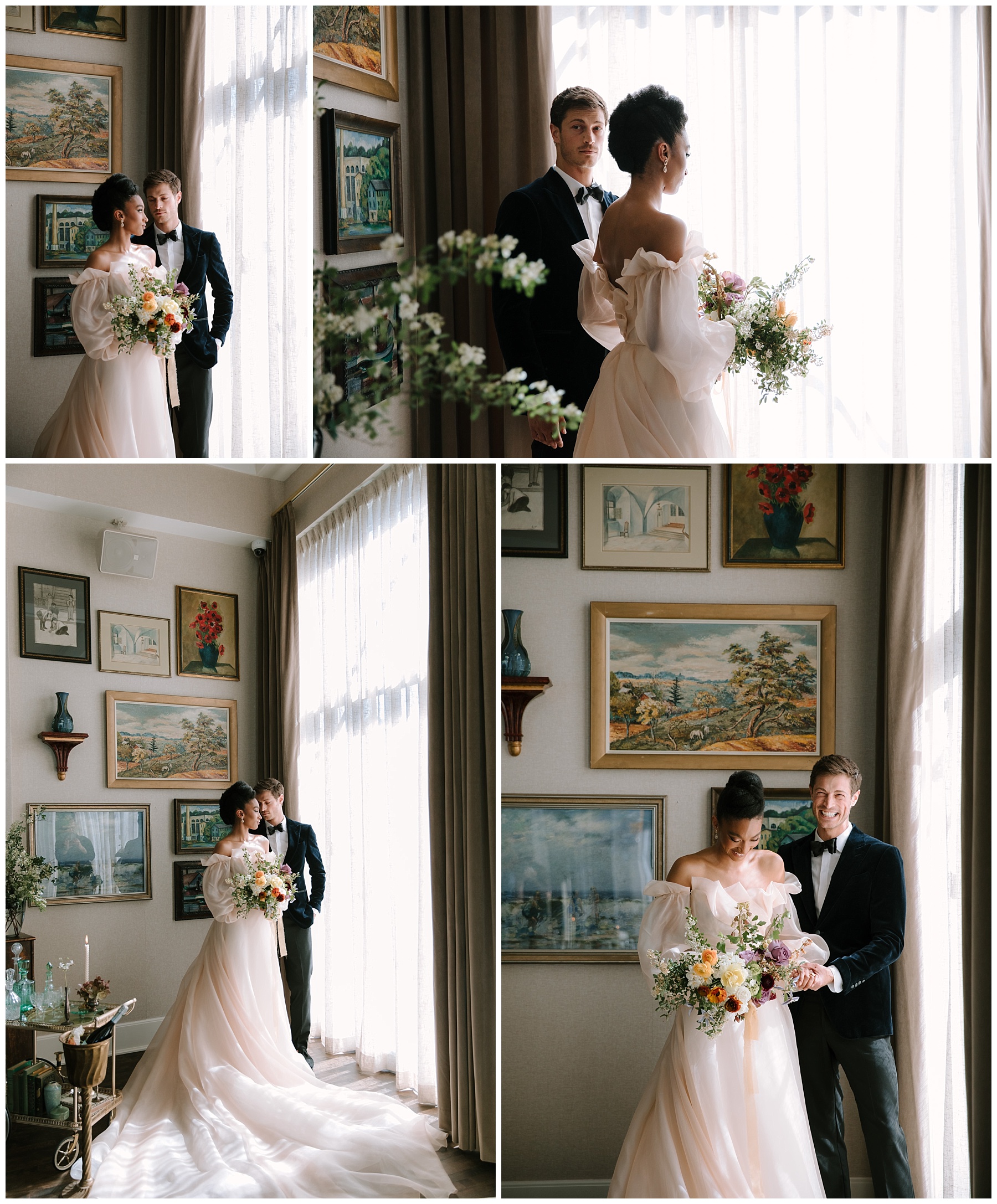 Elegant couple in flowing blush Monique Lhuillier wedding dress and custom blue velvet suit jacket and bowtie from Knot Standard in front of bar cart with champagne and floral bouquet. Gorgeous full gallery wall on display at the Milwaukee Venue, The George