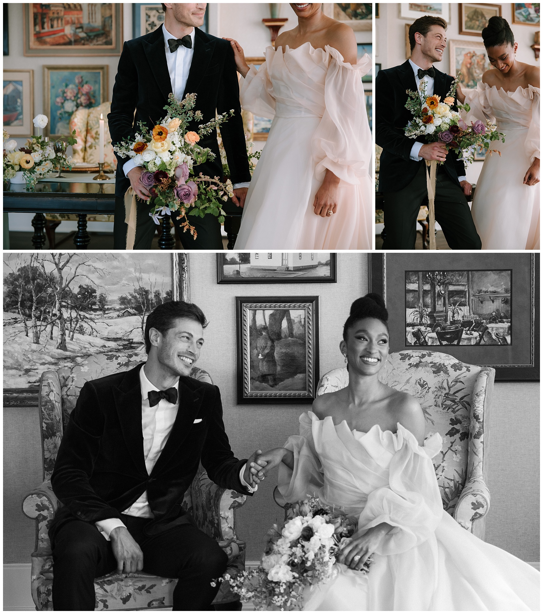 Timeless eclectic couple laughing and smiling at toasts on their wedding day at The George with the groom holding the bouquet