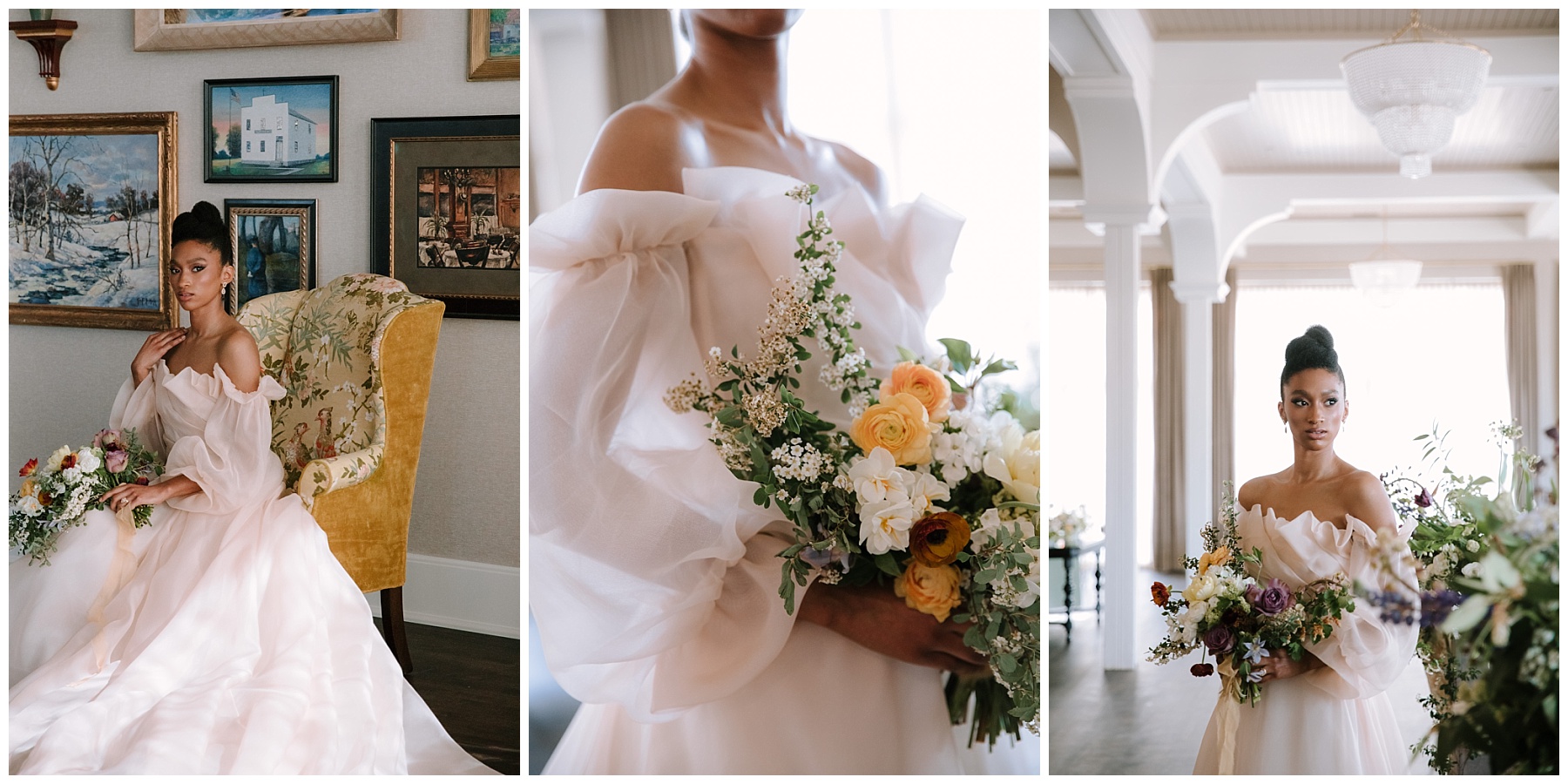 Classic bridal portrait in a Monique Lhuillier gown in Milwaukee Wisconsin at the George wedding venue. Bride sitting in yellow chair with pink orange white bouquet