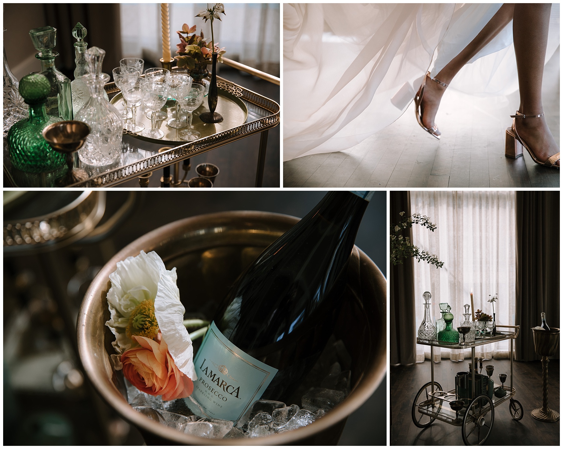 Bar cart designed by Relics Rentals and Bird and Bumble for The George in Milwaukee Wisconsin. Bride's shoes walking with dress flowing behind her with window light coming from behind.