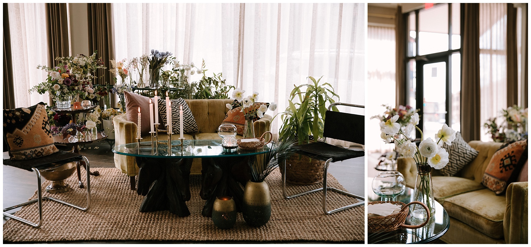 Eclectic luxury bohemian wedding day details designed by Relics Rentals. Green Yellow couch with throw pillows, coffee table, and candles for wedding day.