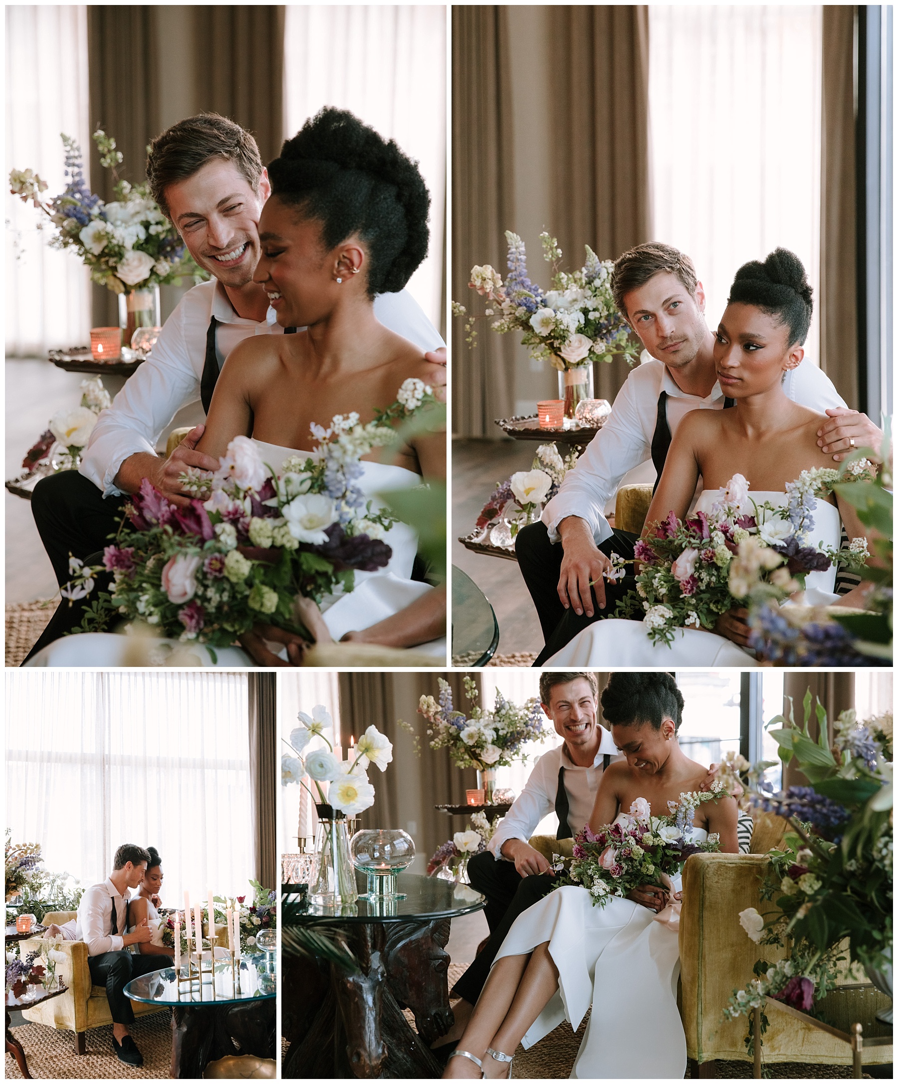 Bride and groom wearing cocktail wedding day attire sitting in lounge area at The George in Milwaukee Wisconsin