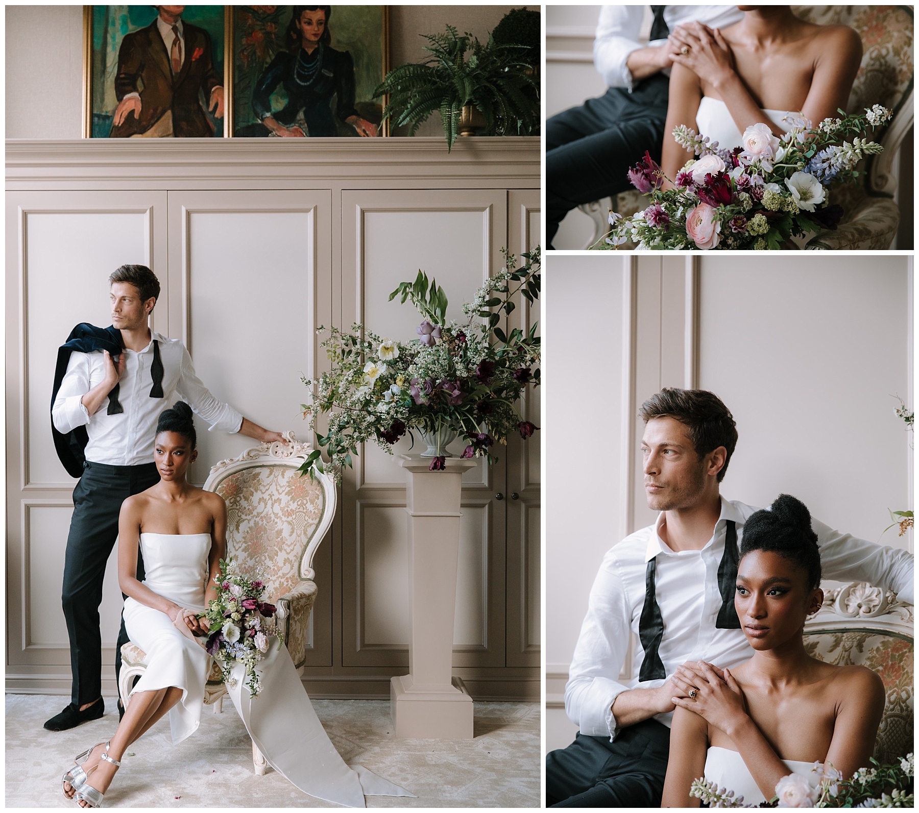 Chicago bride and groom casual wedding day attire. Groom with untied bowtie loose around neck. Bride in midi Alex Perry short strapless wedding dress