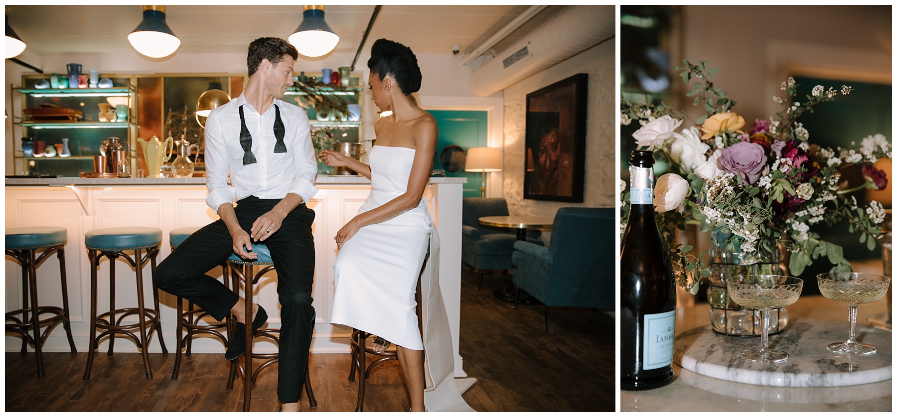 A bride wears a cocktail-length Alex Perry gown to her wedding reception in the George's basement, The MadCap Lounge, in Milwaukee, Wisconsin. There is an Atrio Jewlery black wedding engagement ring on her finger with matching earrings. Groom wears untied bowtie and leather loafers with cigarette pants from Knot Standard Chicago. Dress from Ultimate Bride Chicago.