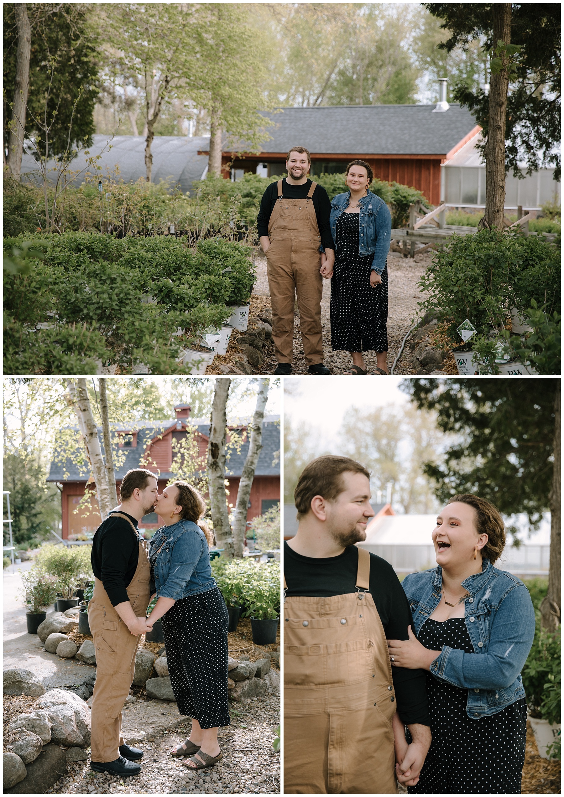 Cute couple standing outside of a greenhouse for engagement pictures.