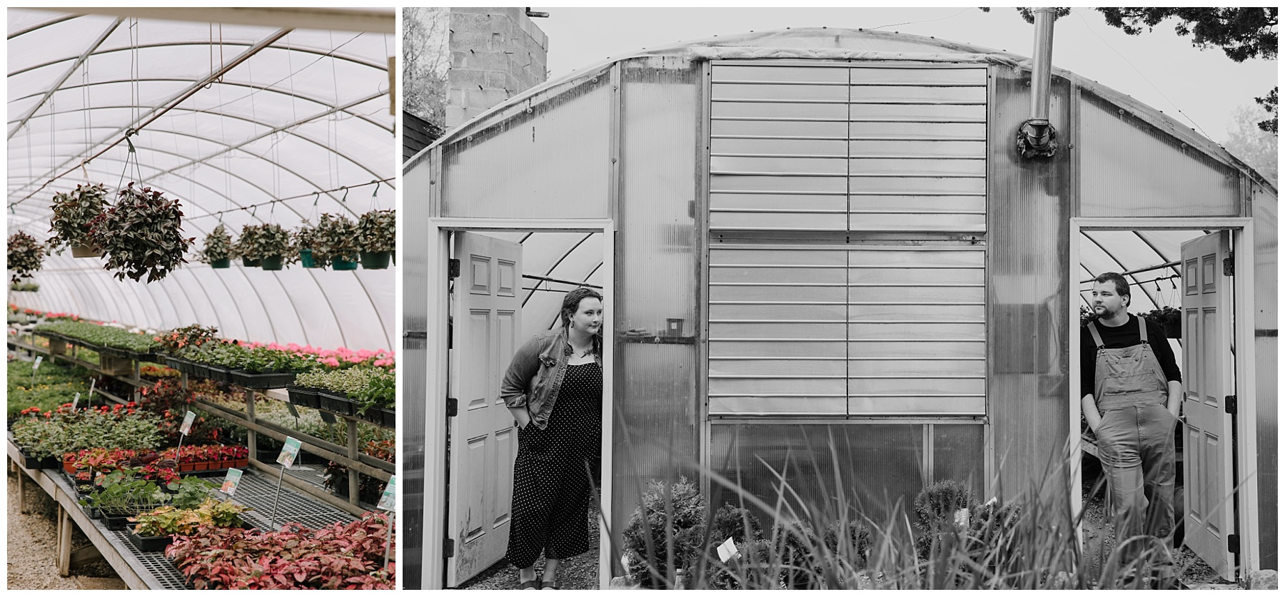 Couple standing in the doorway of a Wisconsin greenhouse for their engagement session