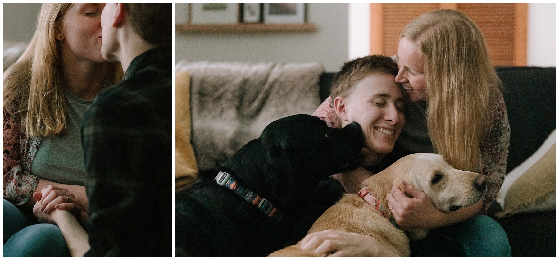 Couple getting kisses from their two labs in a Frank Lloyd Wright inspired home