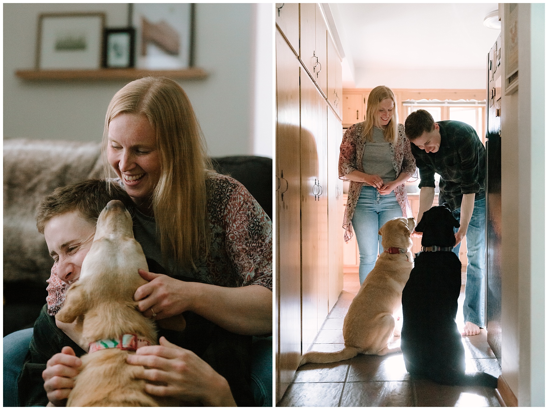 Couple in a home with Frank Lloyd Wright vibes giving treats to their dogs
