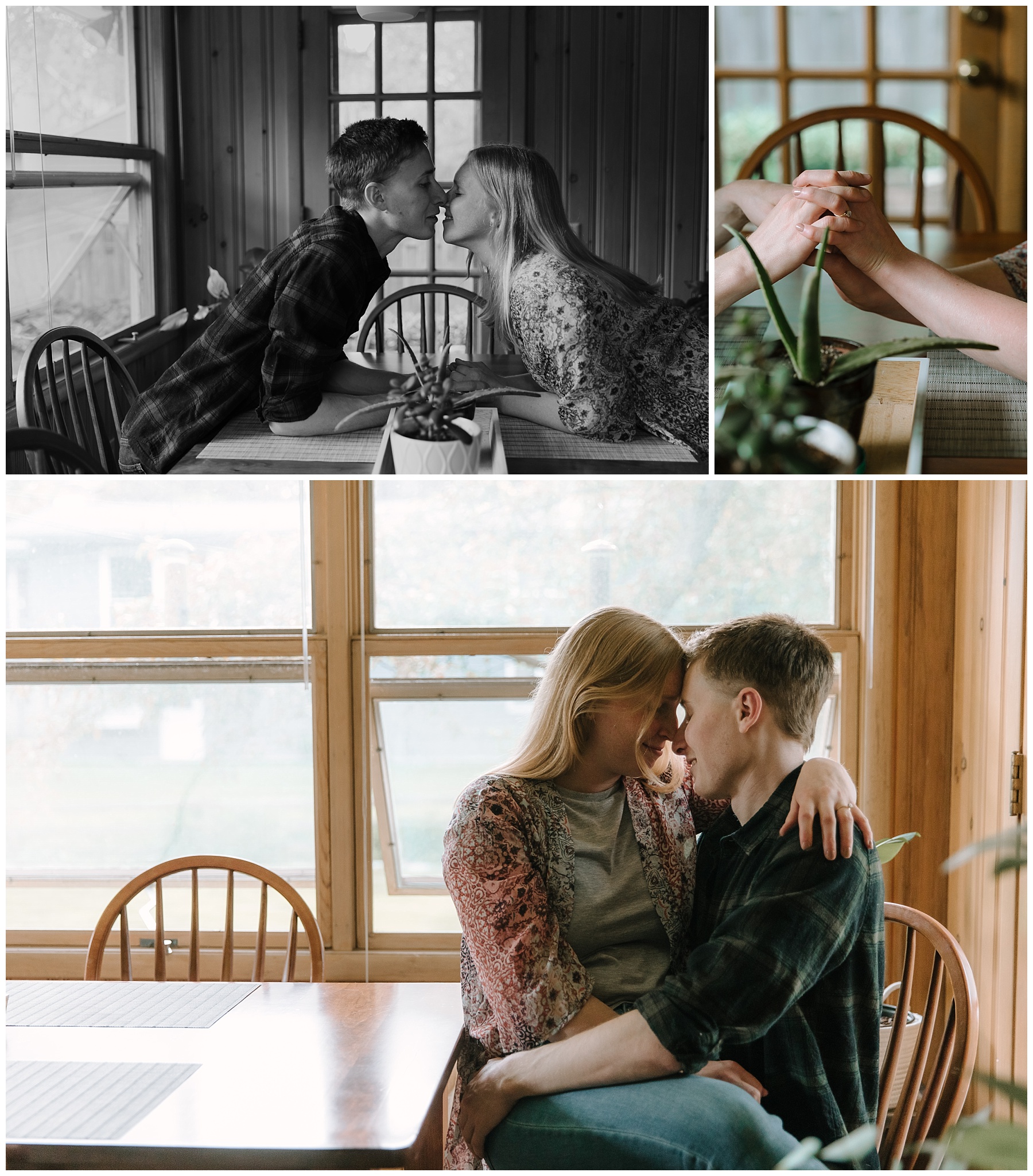 Couple sitting at a dining room table in a room that looks to be inspired by Frank Lloyd Wright with windows all the way around and wood paneling. Plants add to the aesthetic as they lean over the table to kiss each other.