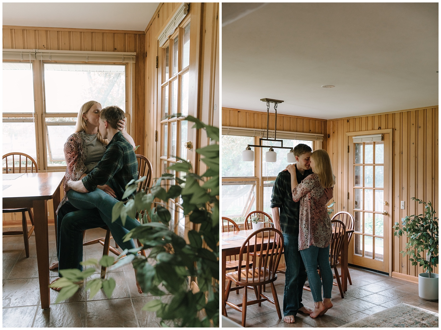 Girl and guy kissing in their dining room inspired by Frank Lloyd Wright architecture