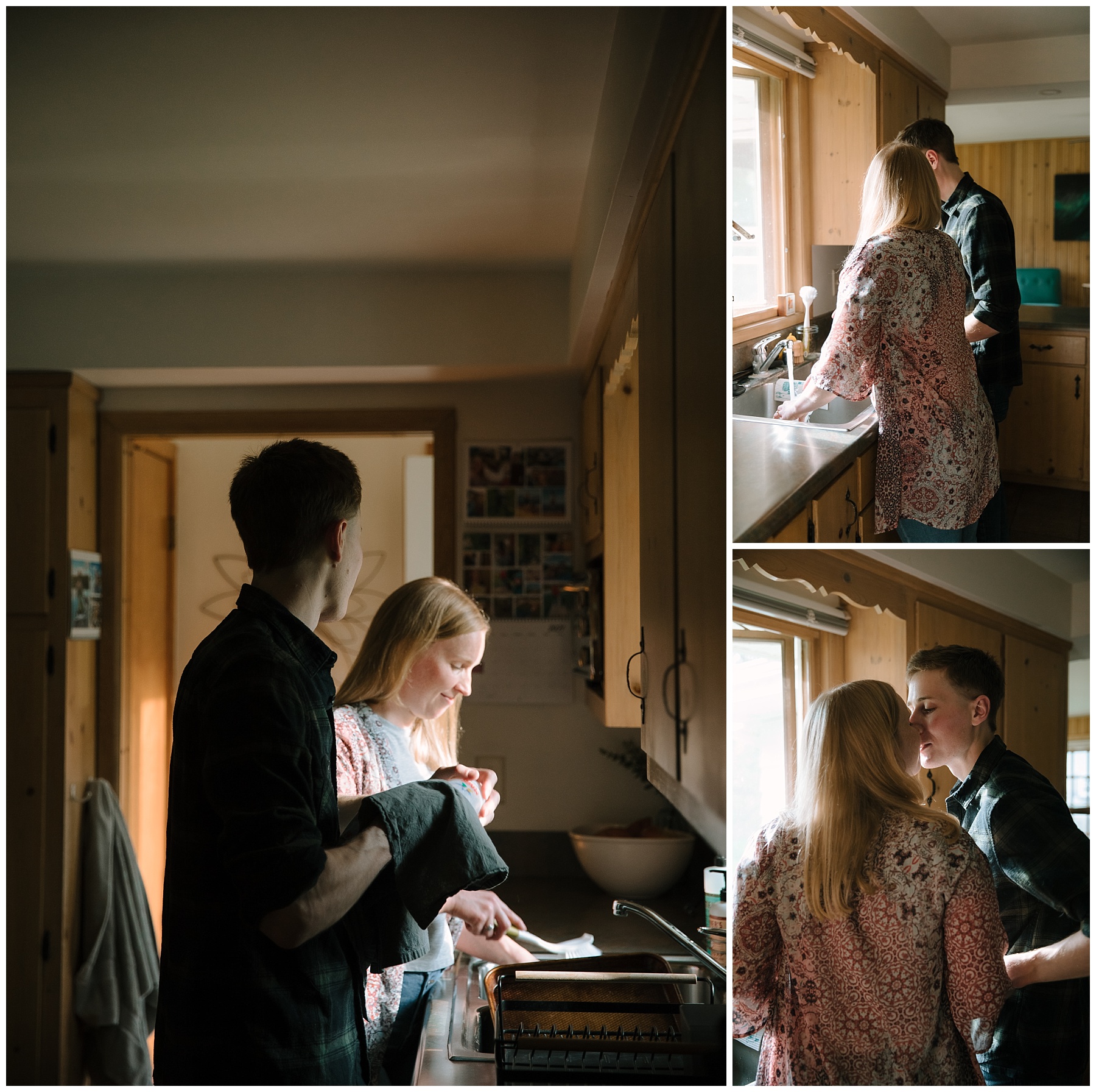 Couple washing dishes in their home with Frank Lloyd Wright vibes during an engagement session
