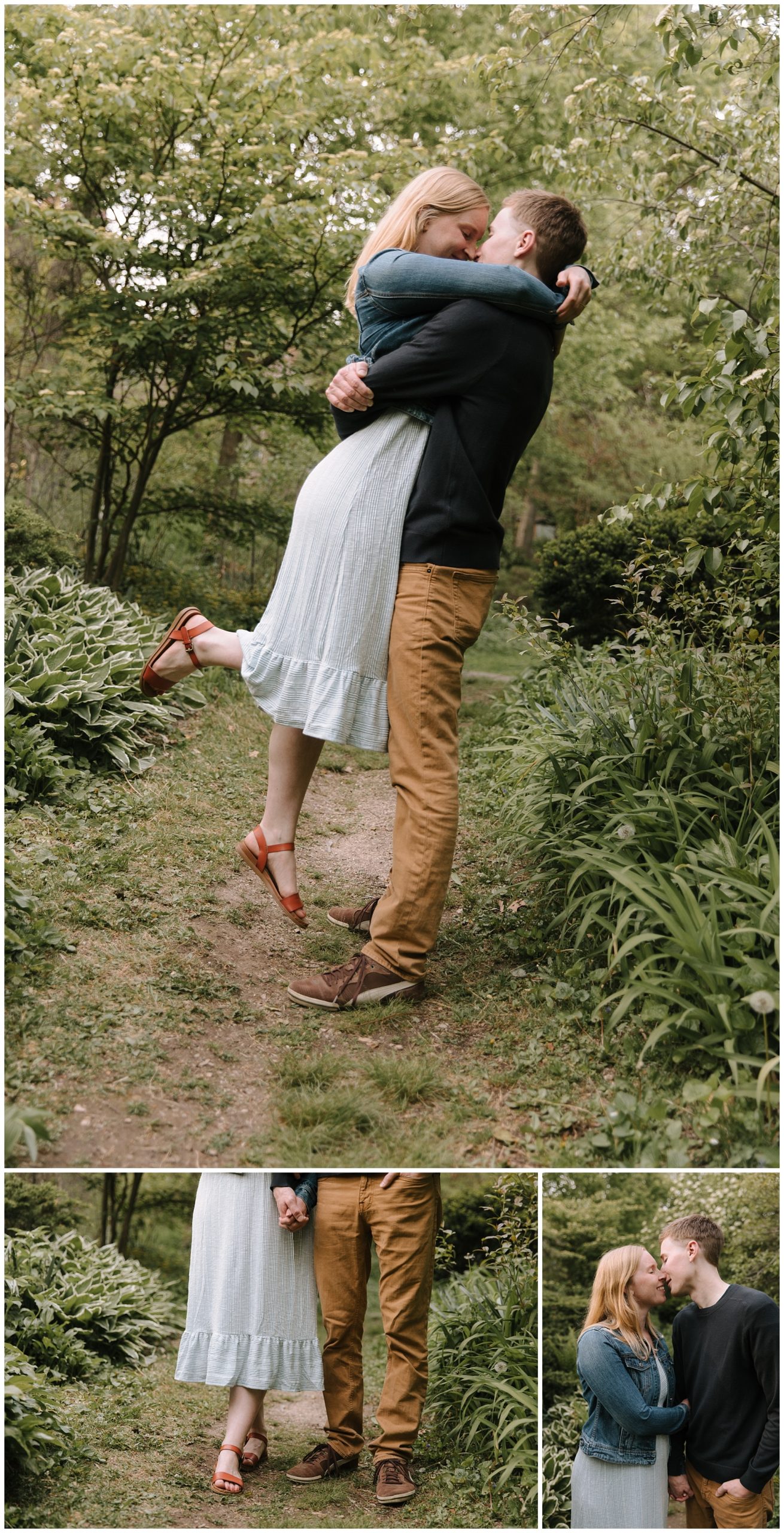 Guy and girl on path at a park posing for pictures. Guy picks girl up and she pops her foot.
