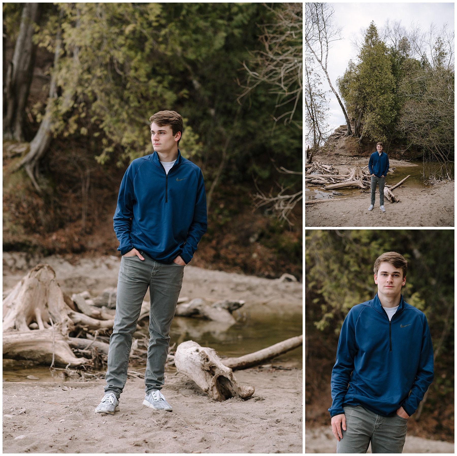 Professional Ozaukee county senior pictures for Port Washington High School in nature. Guy in blue Nike pullover posing with confidence 