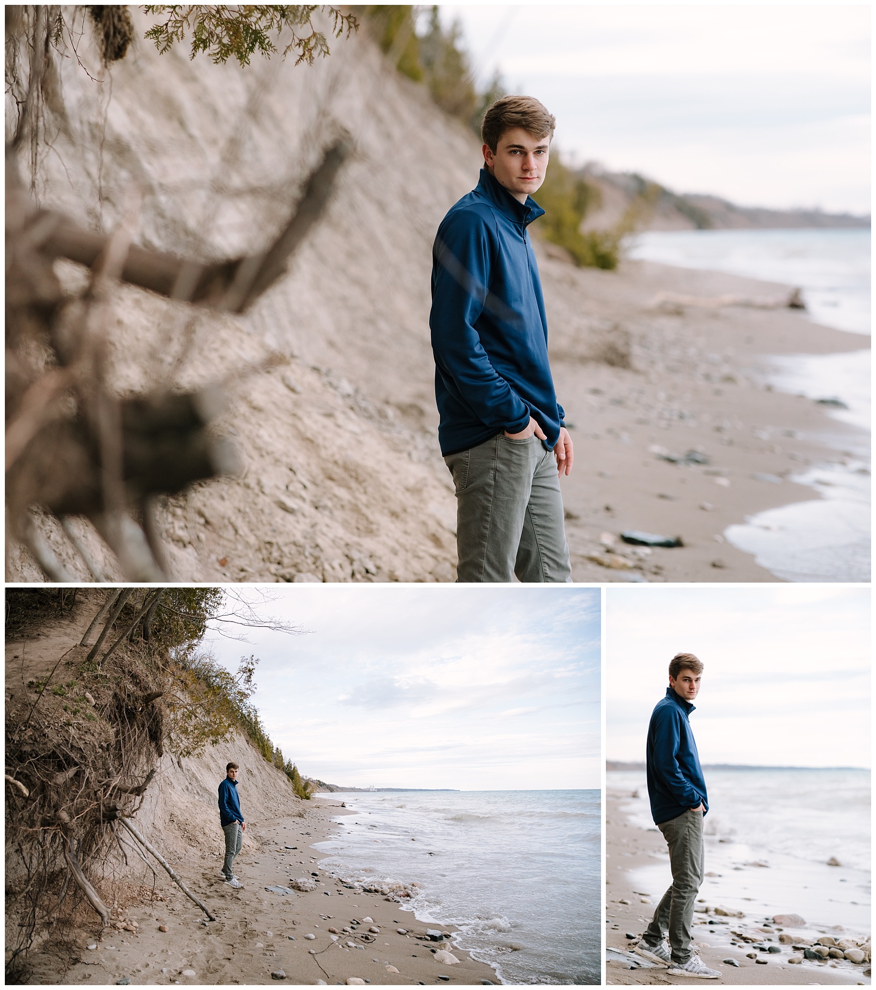 Port Washington High School senior pictures - guy walking along Lake Michigan with a high tide. Guy is wearing blue Nike pullover, gray jeans, and Adidas shoes