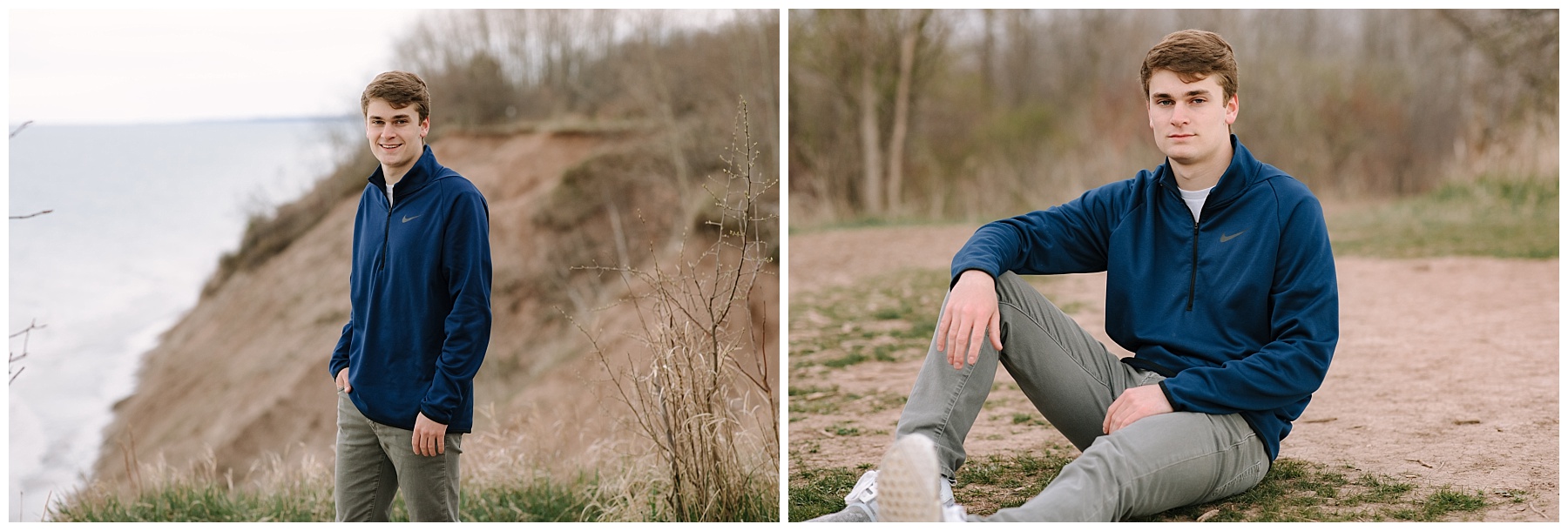 Guy senior pictures for Port Washington High School on the bluff overlooking lake Michigan at Lion's Den