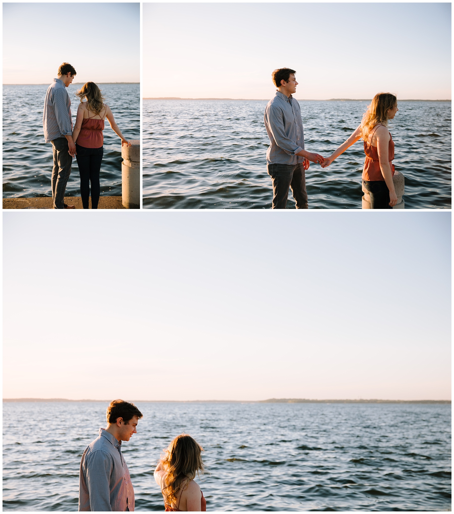 Couple leading each other along the lake for a Madison engagement session with rolling hills on the horizon