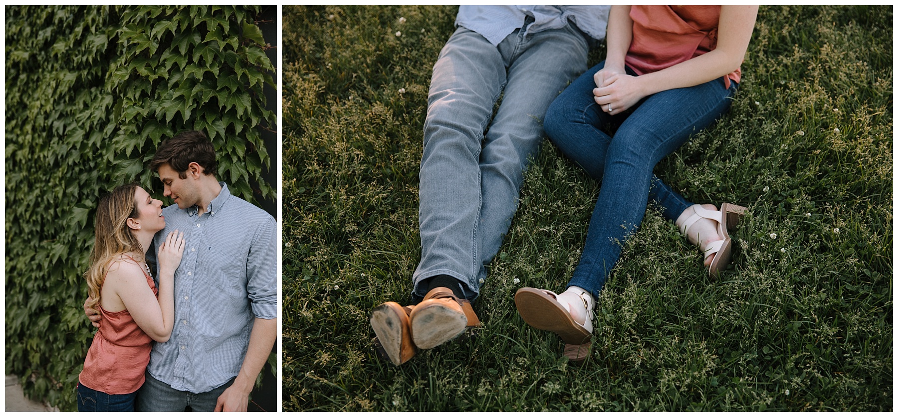 Couple wearing pink tank top and blue button up to engagement session