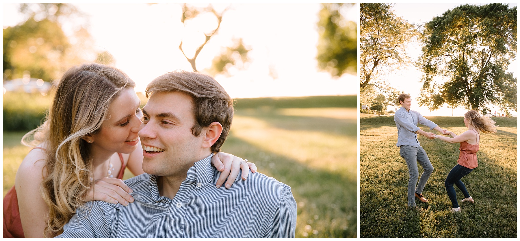 Playful couple spinning in James Madison Park