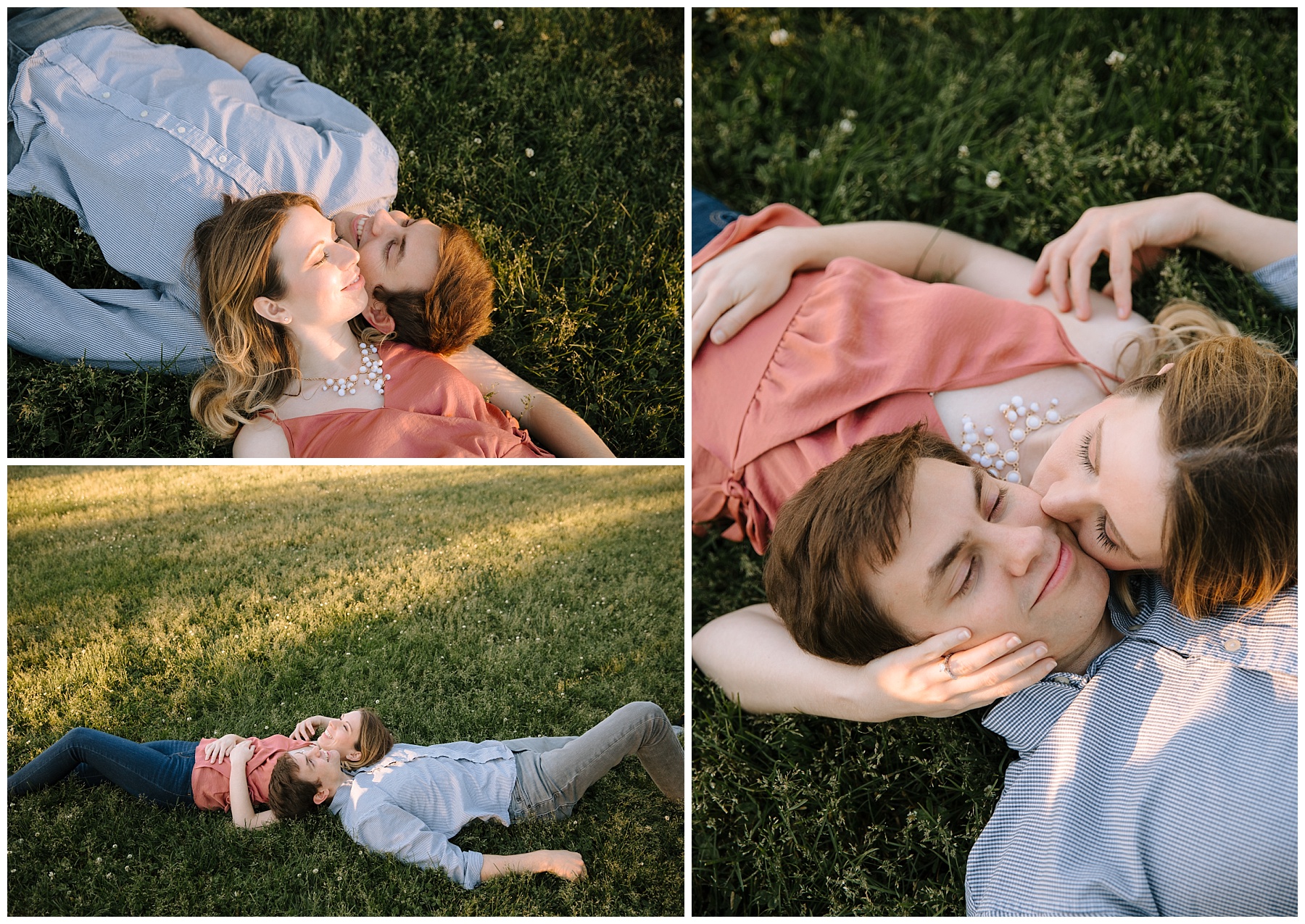 Sweet couple laying in the grass in Madison Wisconsin with their head on each other's shoulders