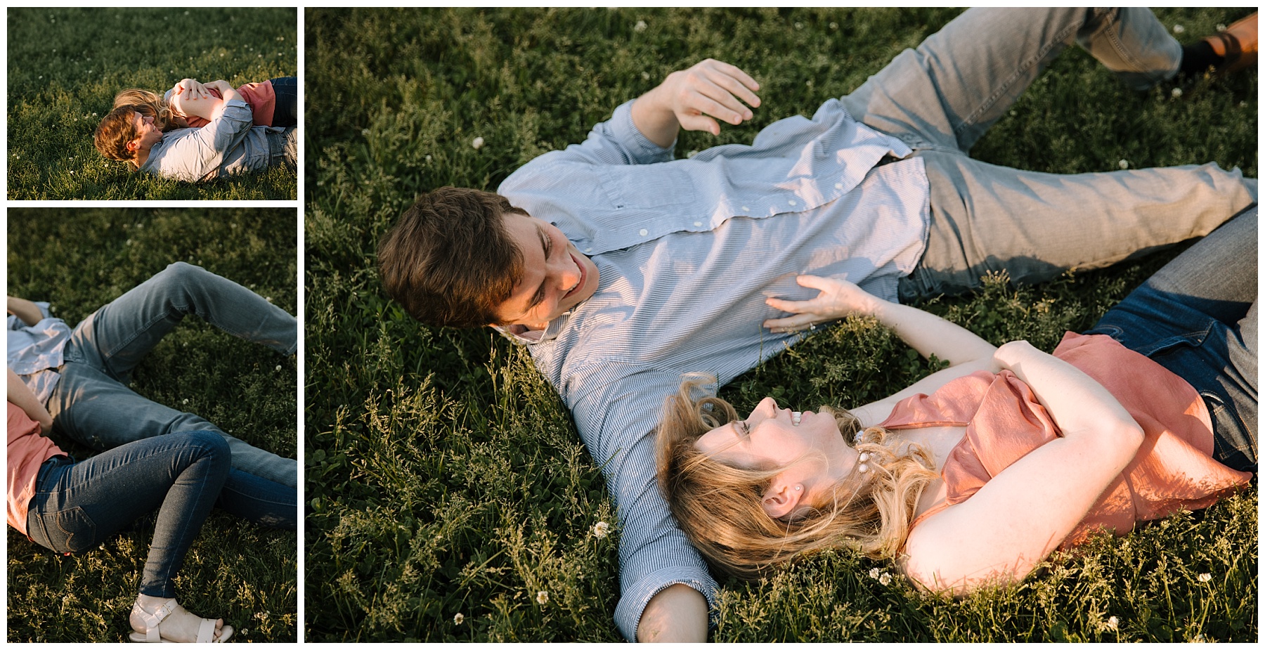Couple rolling around in the grass during engagement session